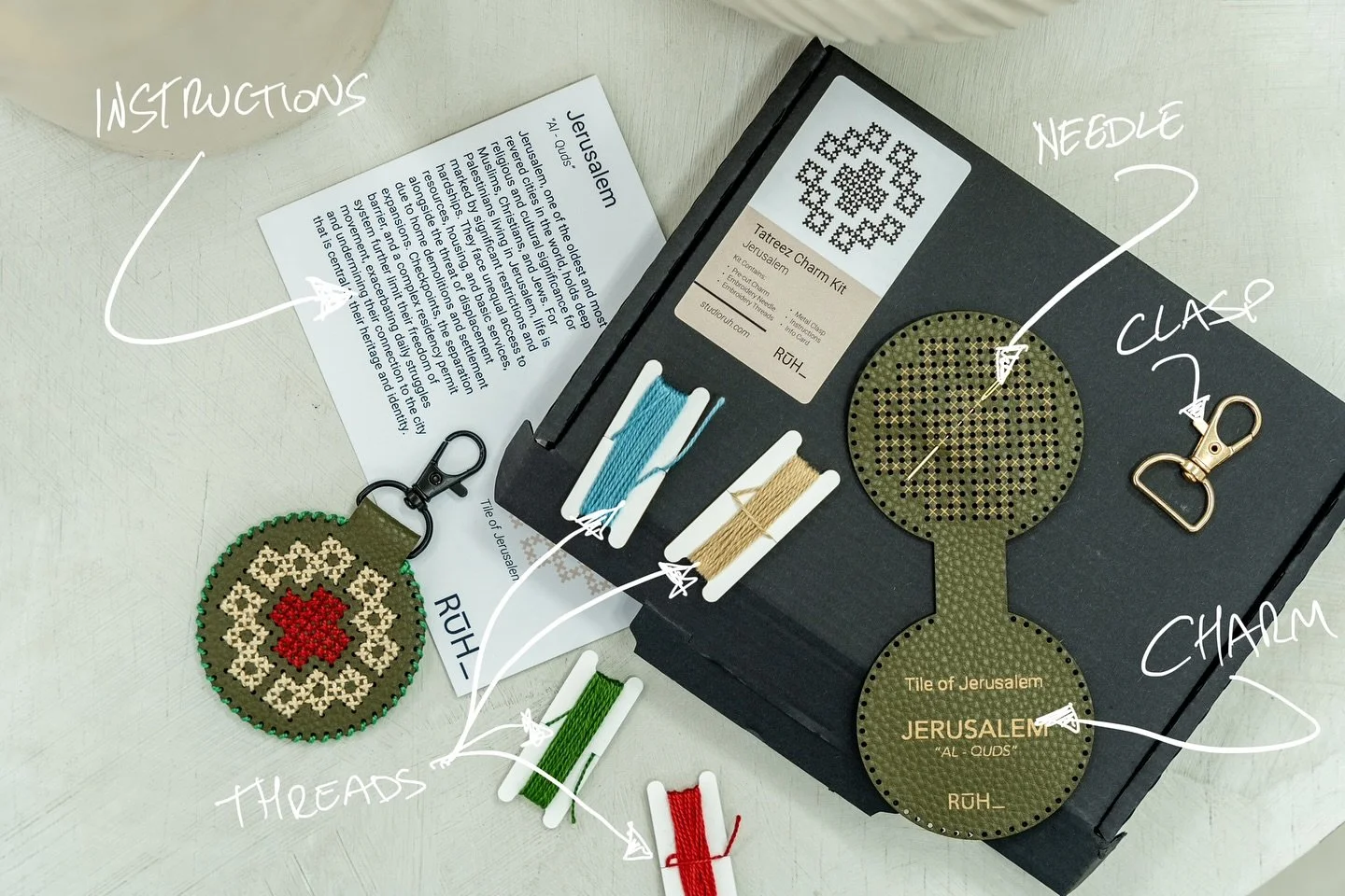 ✨ Introducing Tatreez Charm Kits &ndash; Now Available Online! ✨

Each charm is inspired by a Palestinian city, carrying the stories and heritage of Bethlehem, Jerusalem, Gaza, Ramallah, and Jalil. Crafted from vegan leather with intricate motifs, th