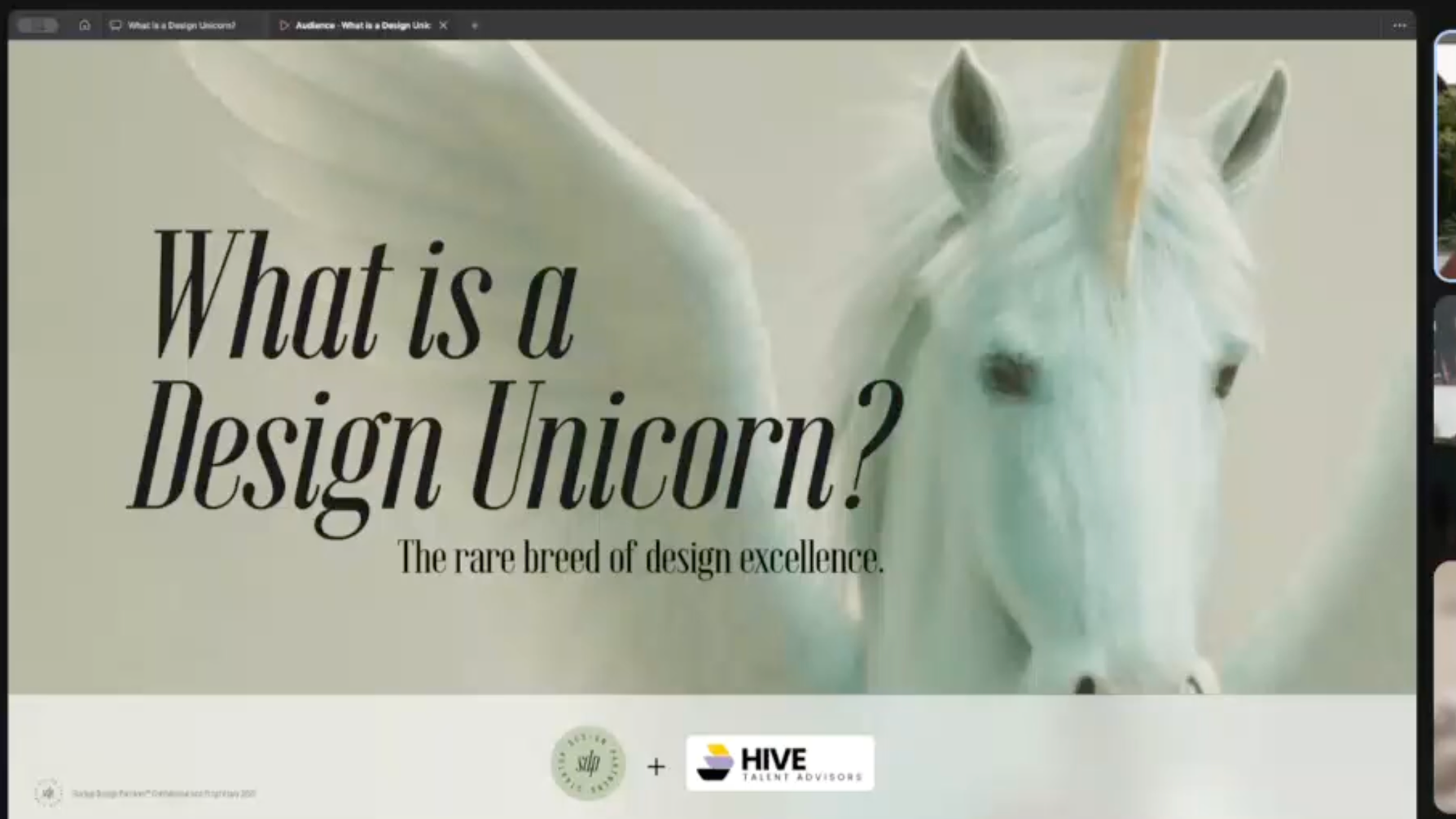 Webinar cover with title ‘What is a Design Unicorn?’ — Hive Talent Advisors discussion on design excellence and the 2025 creative leadership landscape.