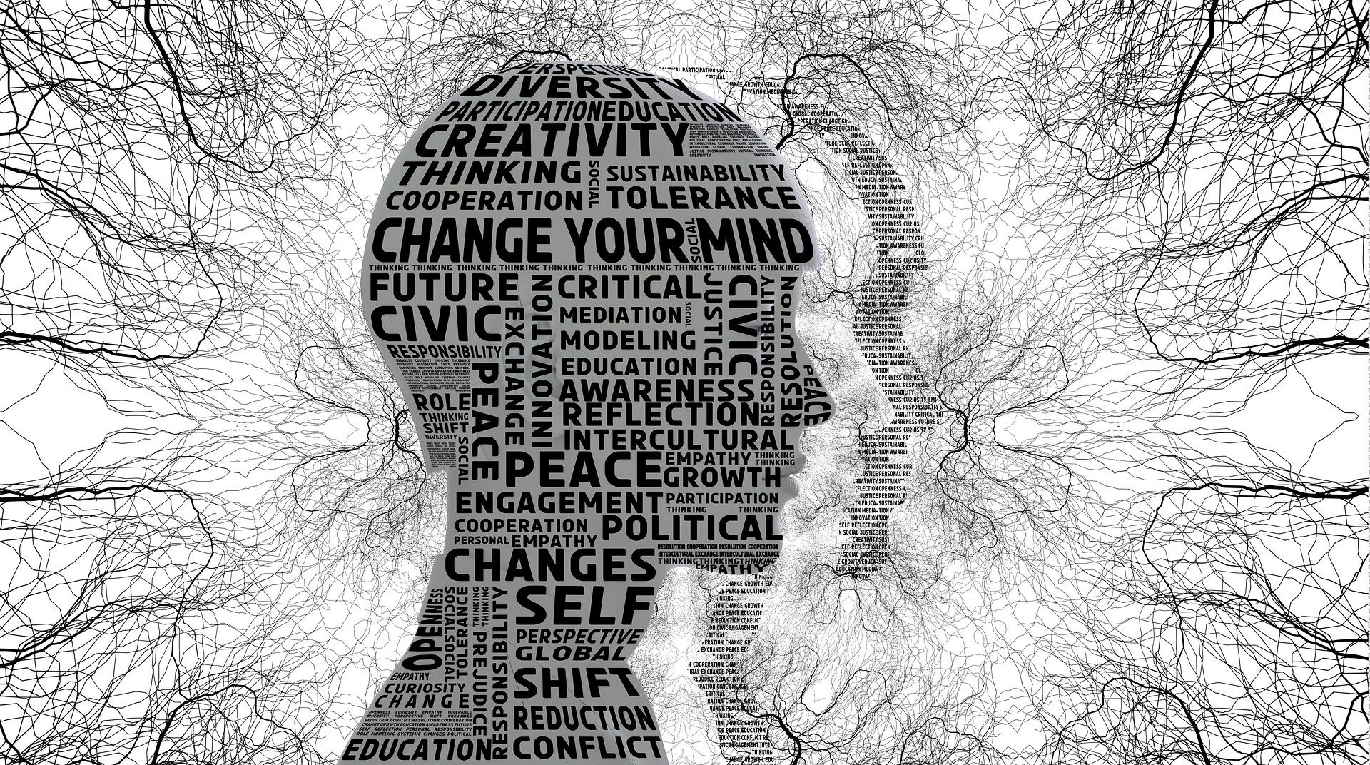 A sillouete of a persons head. in grey with  words encouraging  positive change writen inside, Two further outlines of  the profile  of the face to the right with thin messy lines like brain conective  fibers all around.