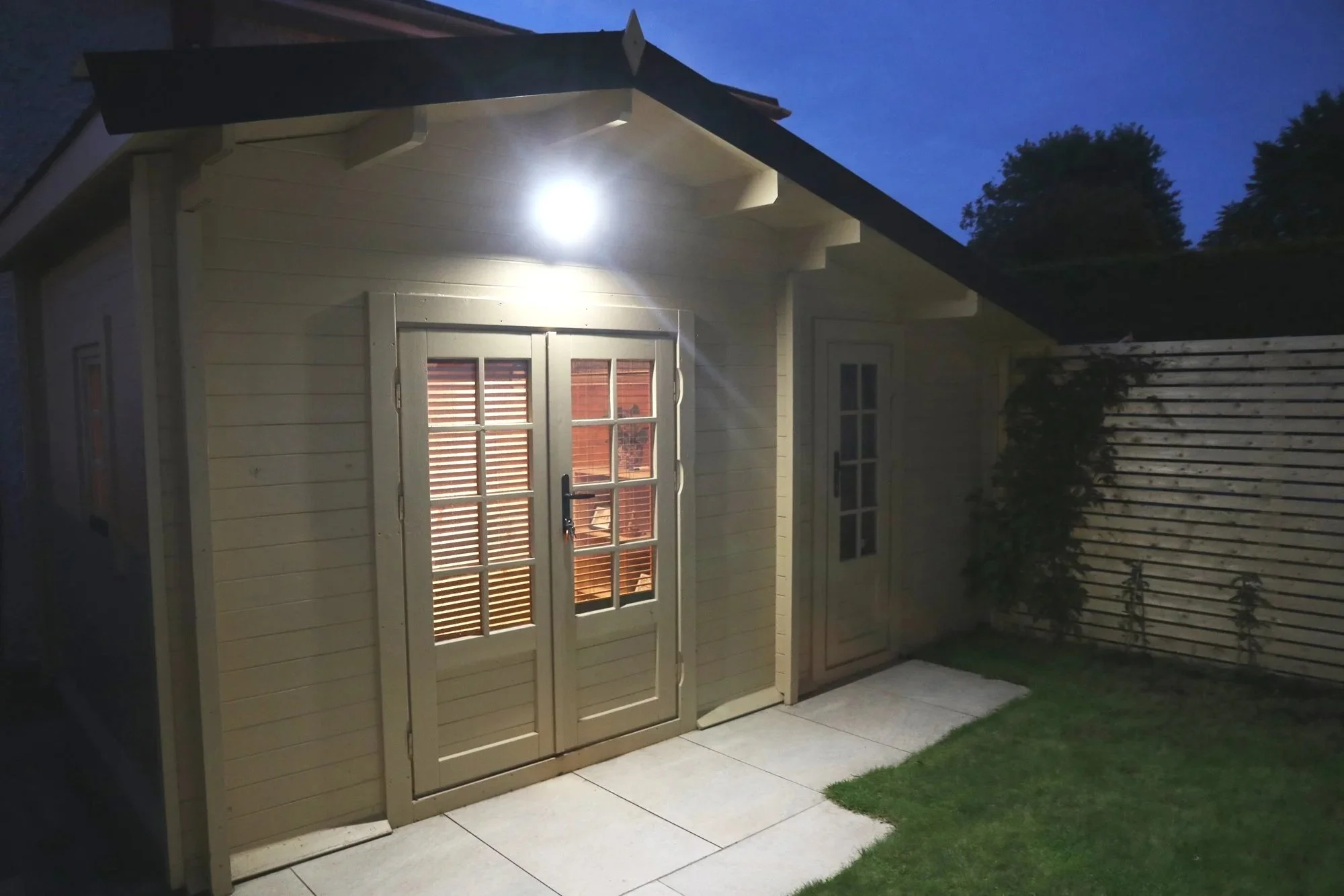 The outside of the Prevail Counselling cabin  at night time..