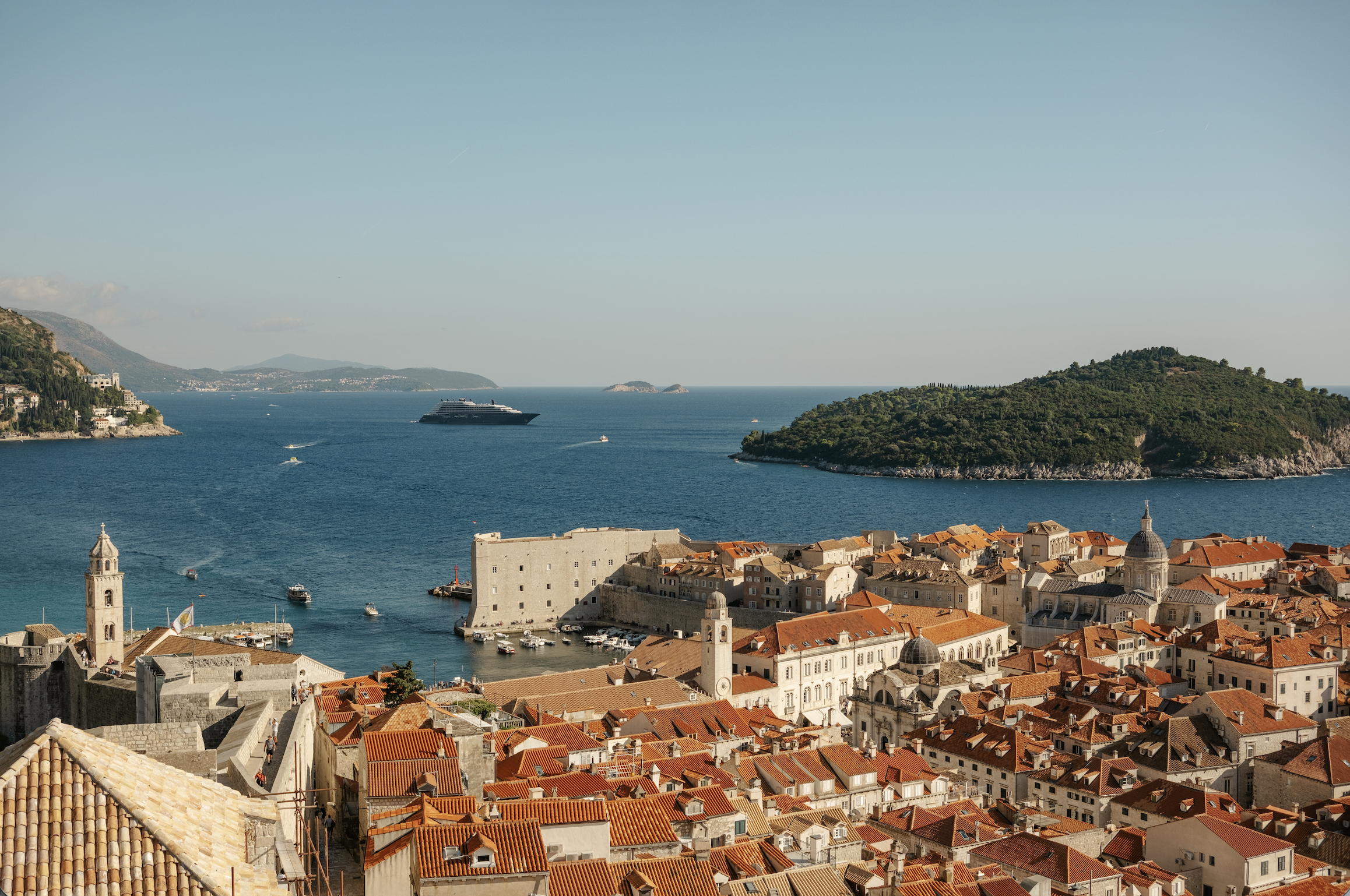 Ilma anchoring in the bay of Dubrovnik's old town.