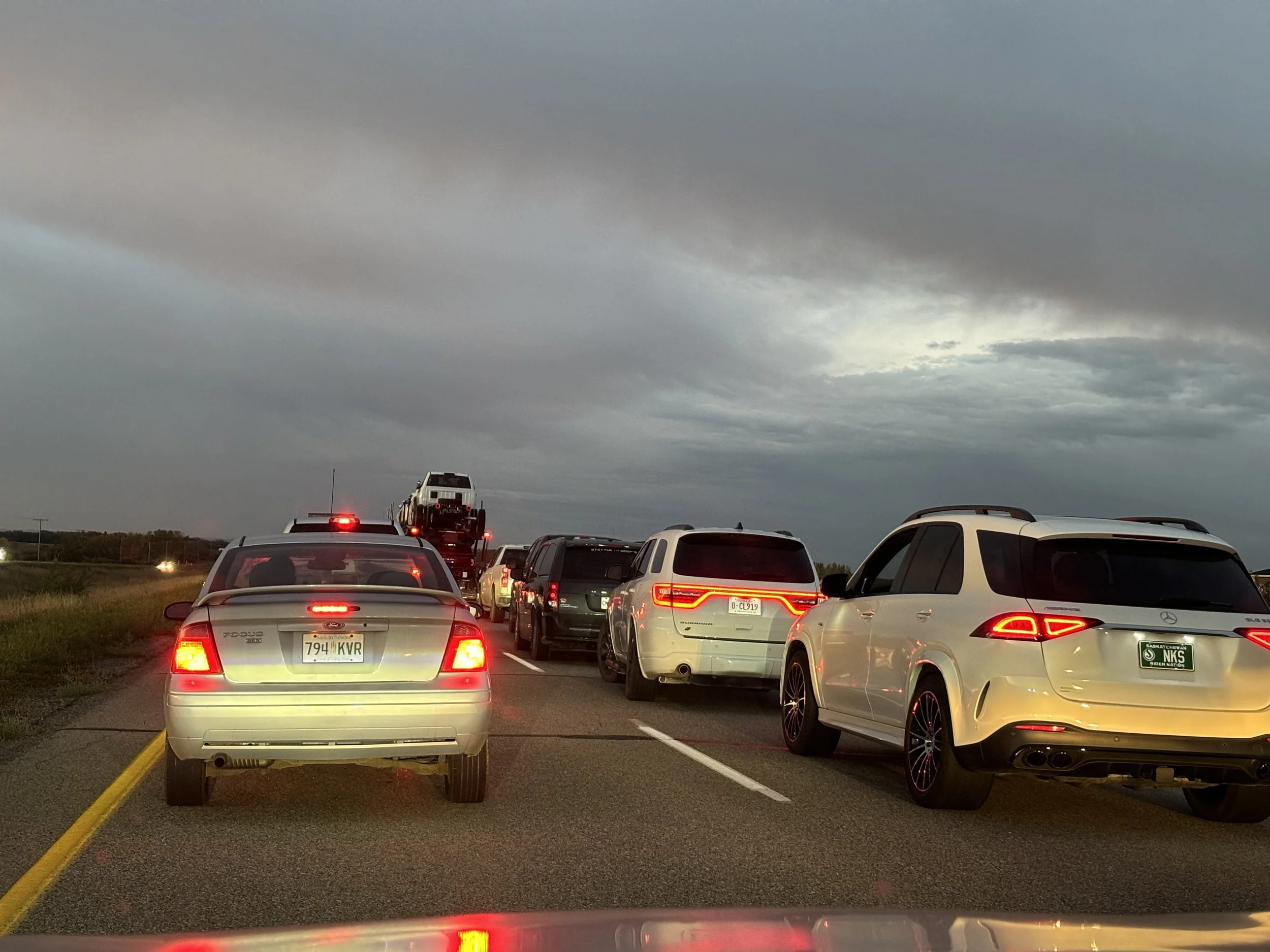 An auspicious start. 5 miles out of Saskatoon and the road was backed up for more than 10 miles...big rig had overturned and spilled its load