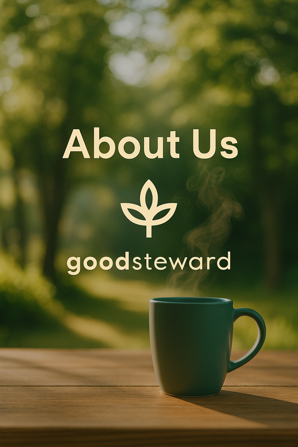 A cup of hot beverage on a wooden surface with steam rising, outdoors with blurred green trees in the background. Text overlay says 'About Us' and 'good steward' with a leaf icon.