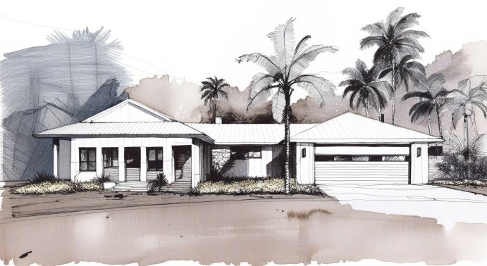 A watercolor sketch of a modern house with a front porch, large windows, and a connected garage, surrounded by several palm trees.