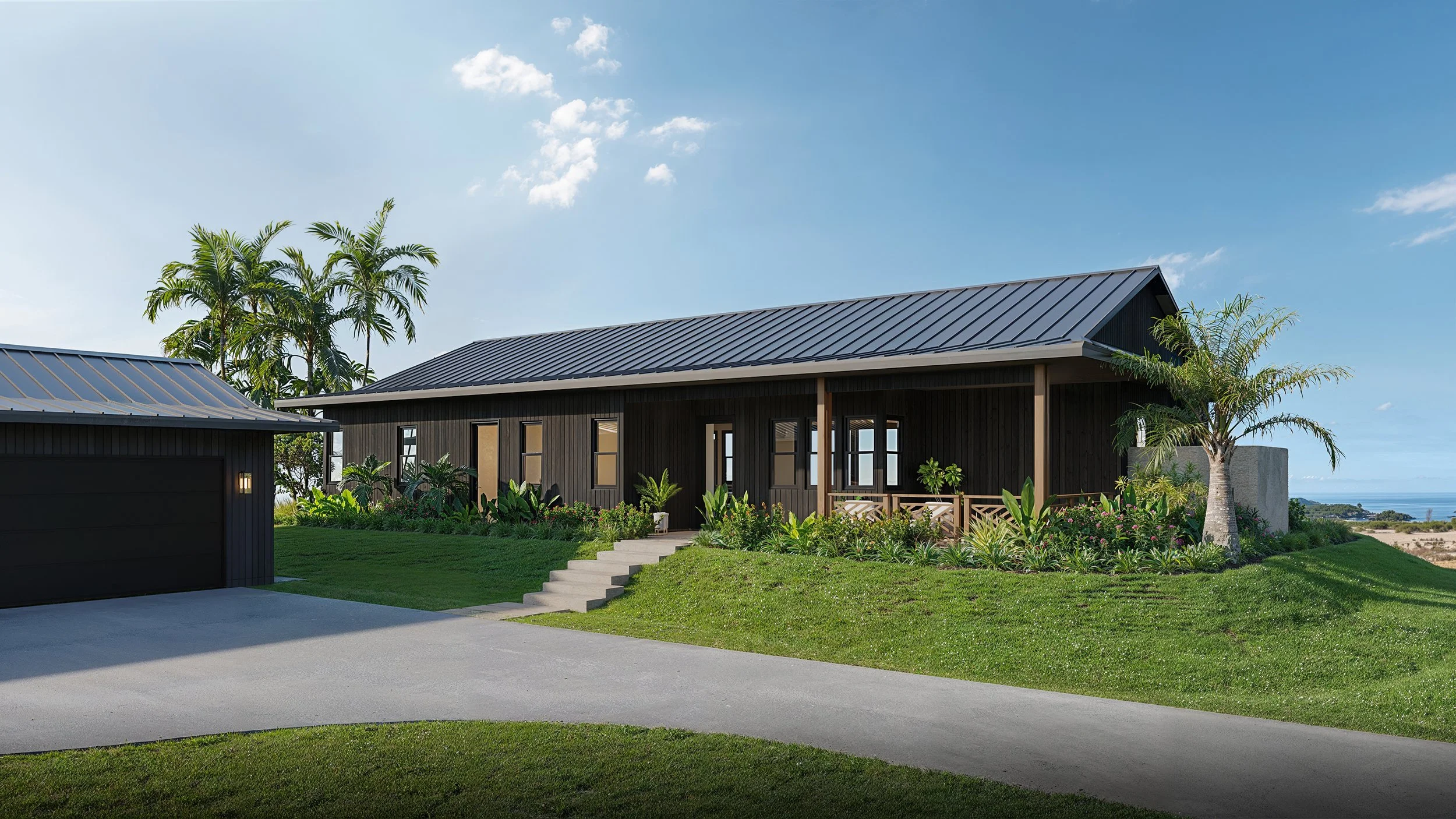 Architectural sketch of a modern, elevated house with a gabled roof, large windows, and an open porch. The design includes exterior stairs and a car parked underneath. Surrounding the house are palm trees and minimal landscaping.