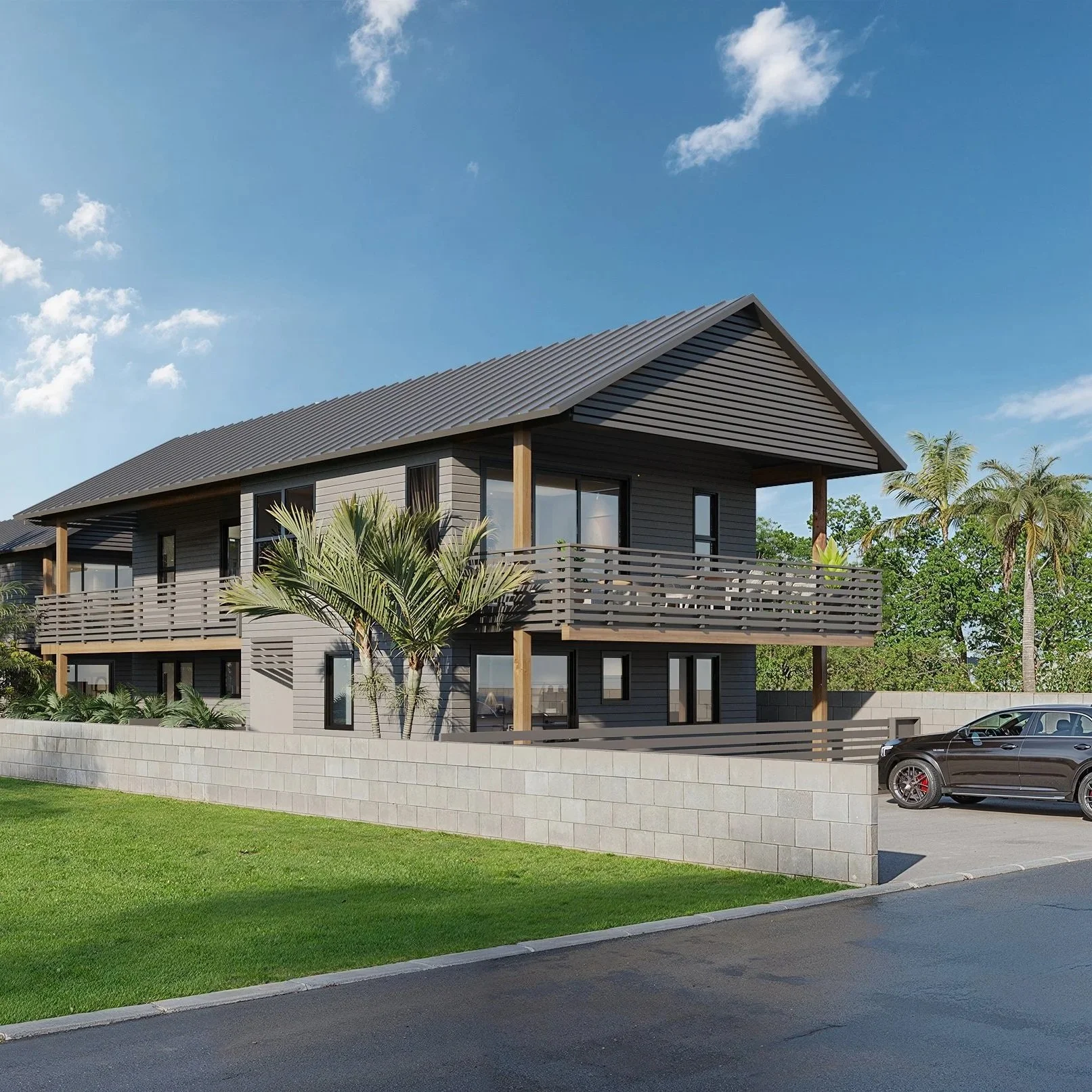 Modern two-story house with dark gray exterior, wooden balconies, and a black car parked in the driveway, surrounded by a low concrete wall and tropical palm trees.