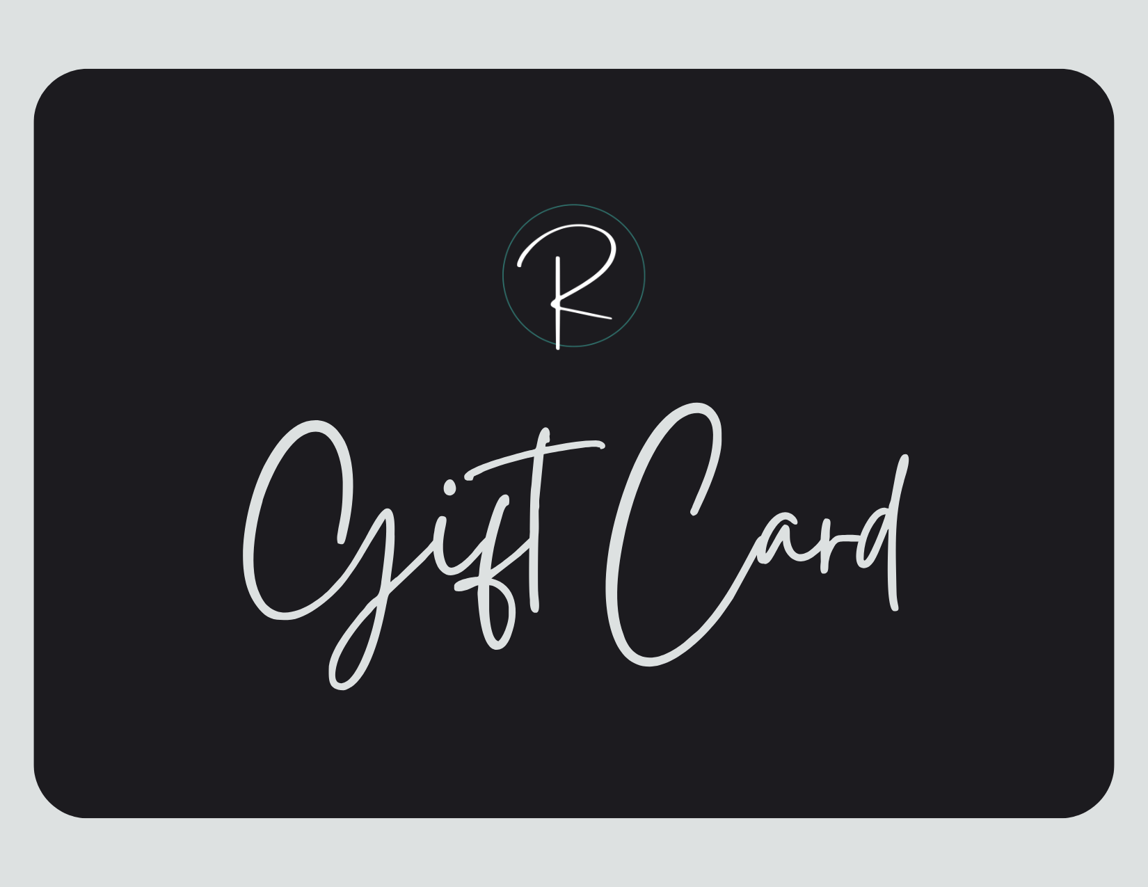 Rainbow Charlie digital gift card design on a charcoal background, featuring the circle emblem and script "Gift Card" text in pale slate.