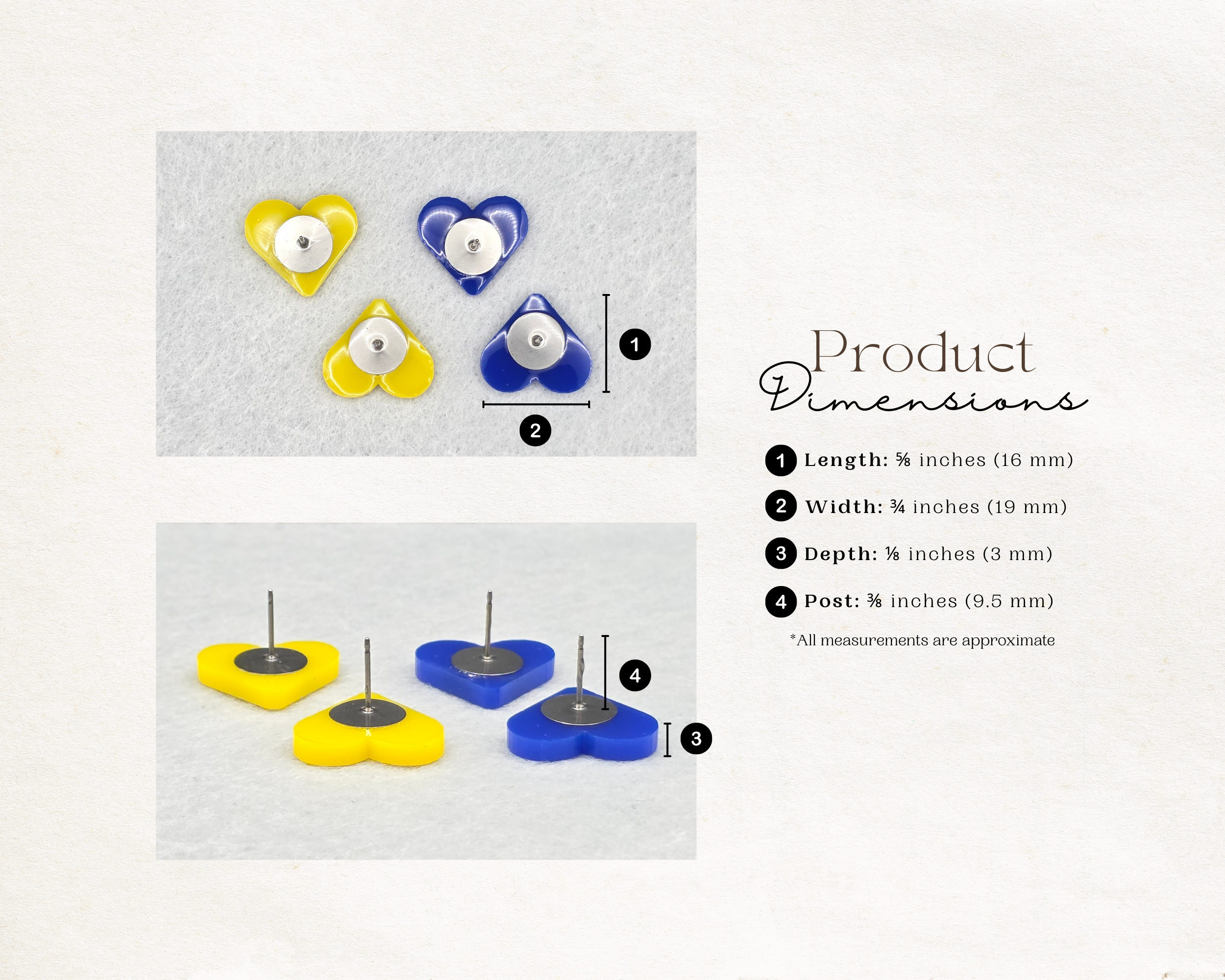Dimensions chart for handmade heart stud earrings showing height, width, depth, and titanium post length, with yellow and blue acrylic earrings for scale