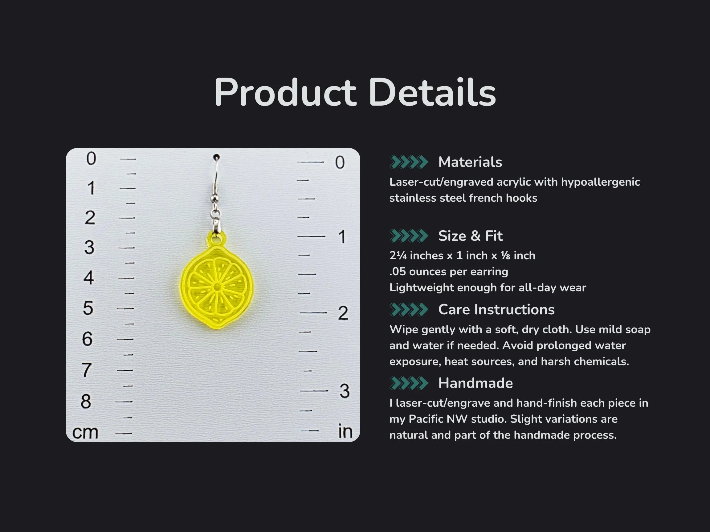 Infographic listing materials, exact measurements, care instructions, and studio note for the acrylic lemon earrings, alongside a photo of one earring against a ruler.