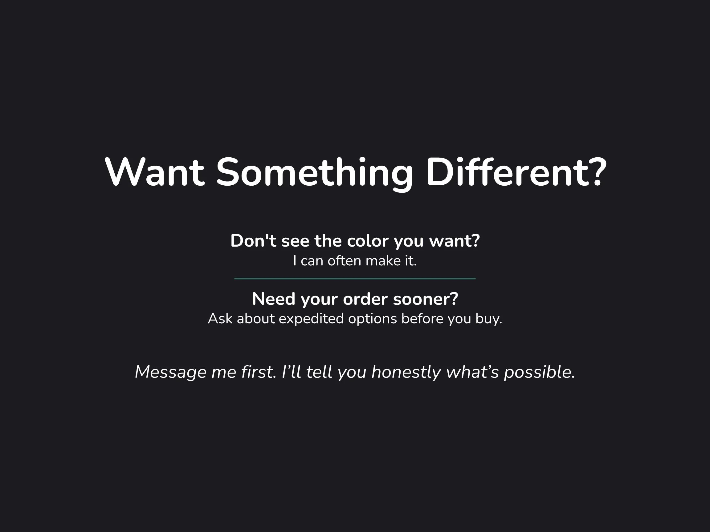 Graphic inviting custom color requests and noting that expedited shipping options are available on request before purchase.