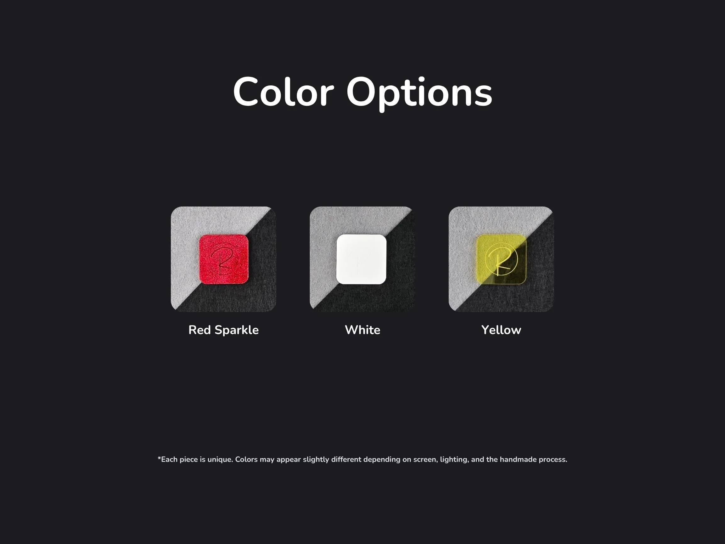 Color options graphic showing three acrylic swatches: red sparkle, white, and yellow.