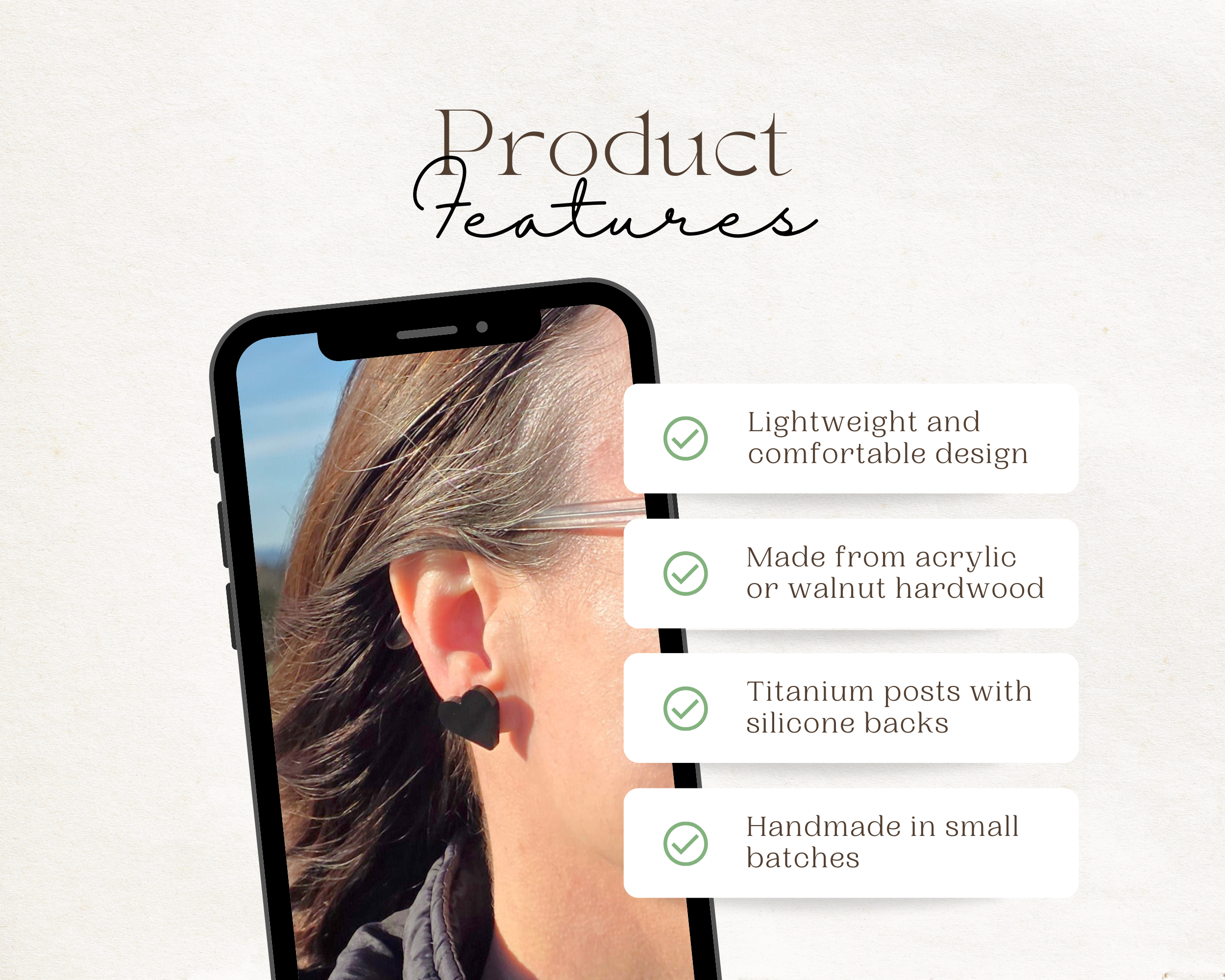 Rainbow Charlie heart stud earring features graphic showing lightweight design, acrylic and walnut hardwood options, hypoallergenic titanium posts with silicone backs, handmade in small batches