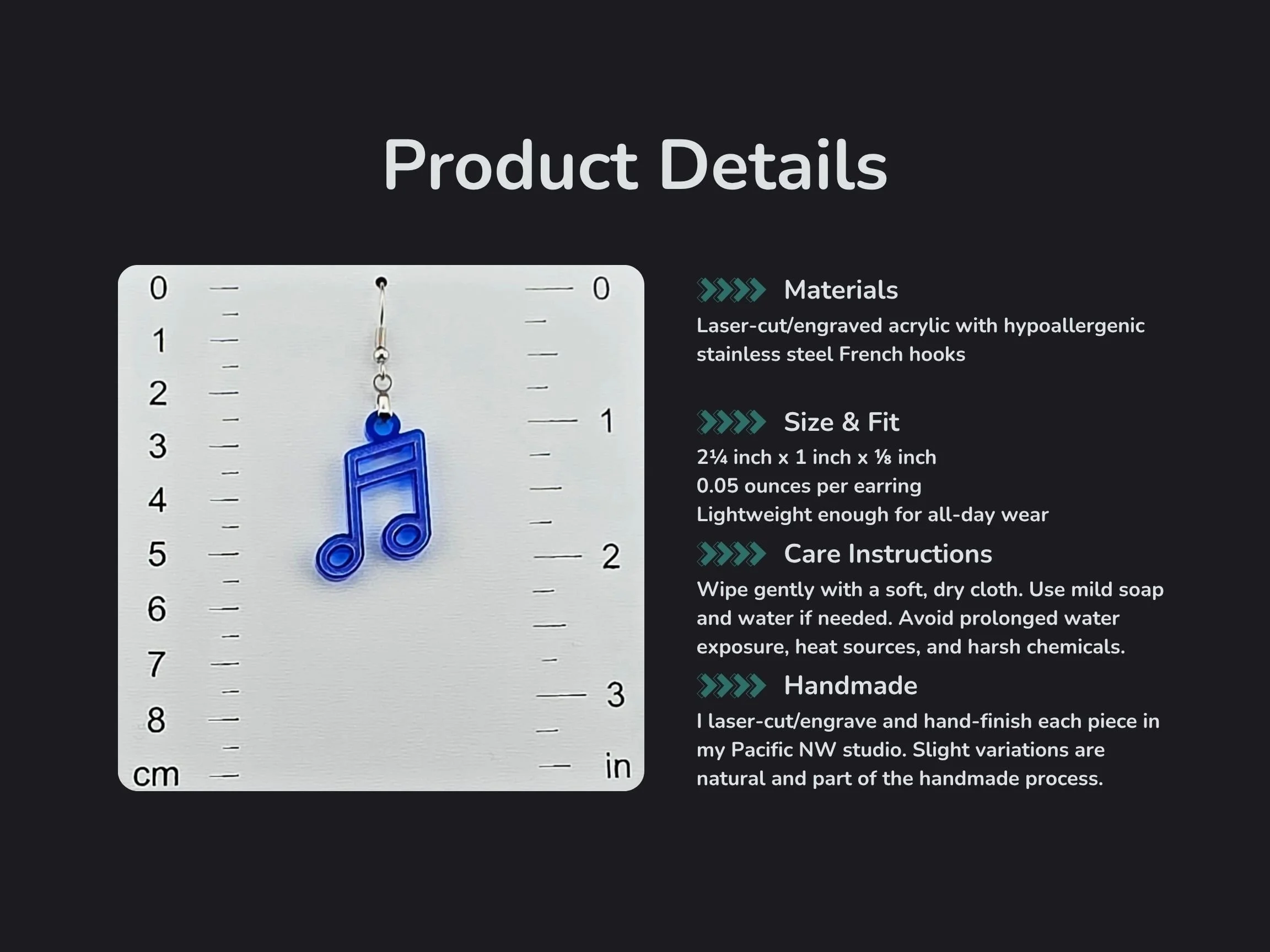 Infographic listing materials, exact measurements, care instructions, and studio note for the acrylic beam note earrings, alongside a photo of the blue earring against a ruler.