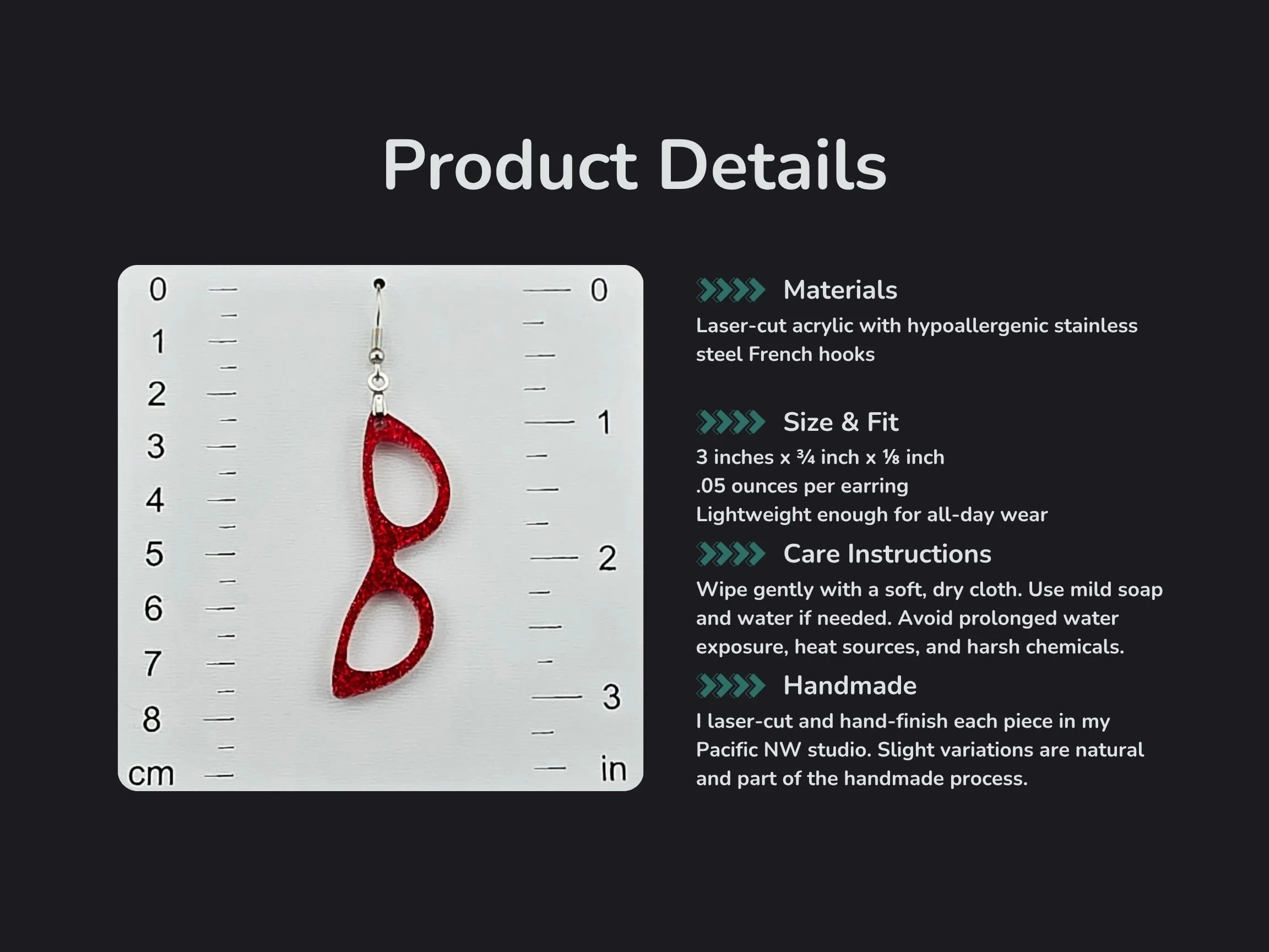Infographic listing materials, exact measurements, care instructions, and studio note for the acrylic cat-eye earrings, alongside a photo of the red glitter pair against a ruler.