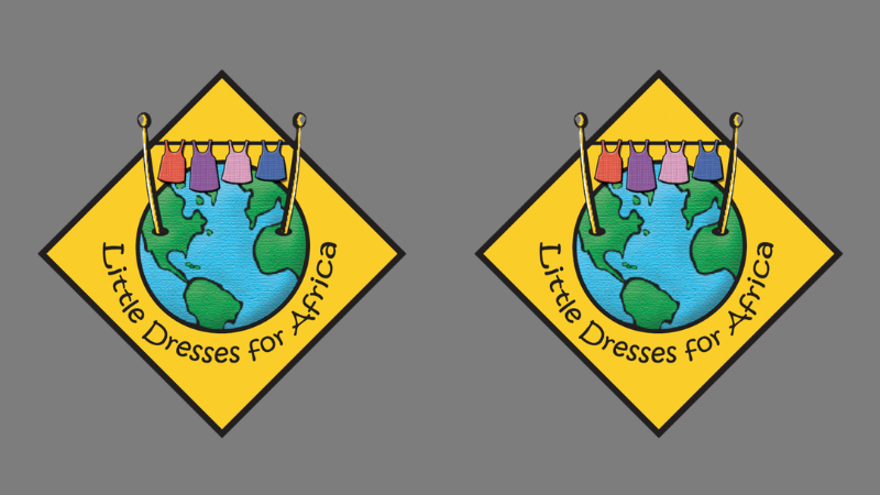 Little Dress for Africa logo side by side.  Yellow diamond box with Globe and clothe line with girls dresses hanging
