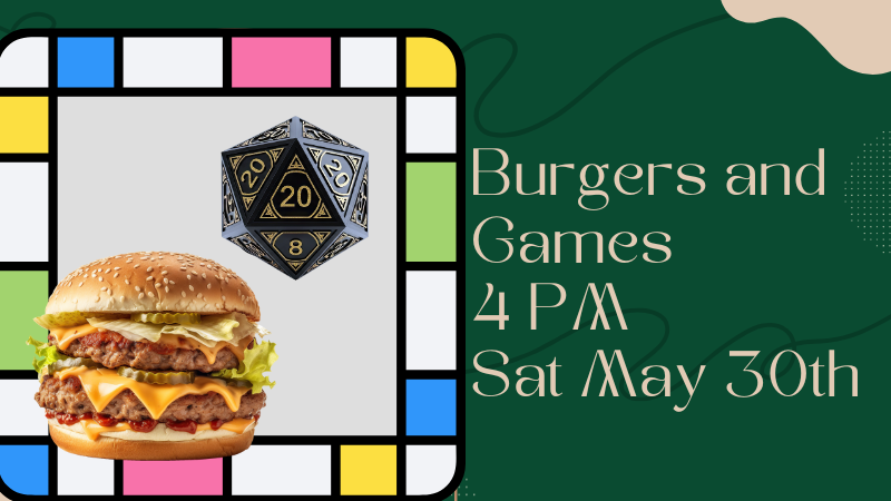 Picture of hamburger, games, and dice