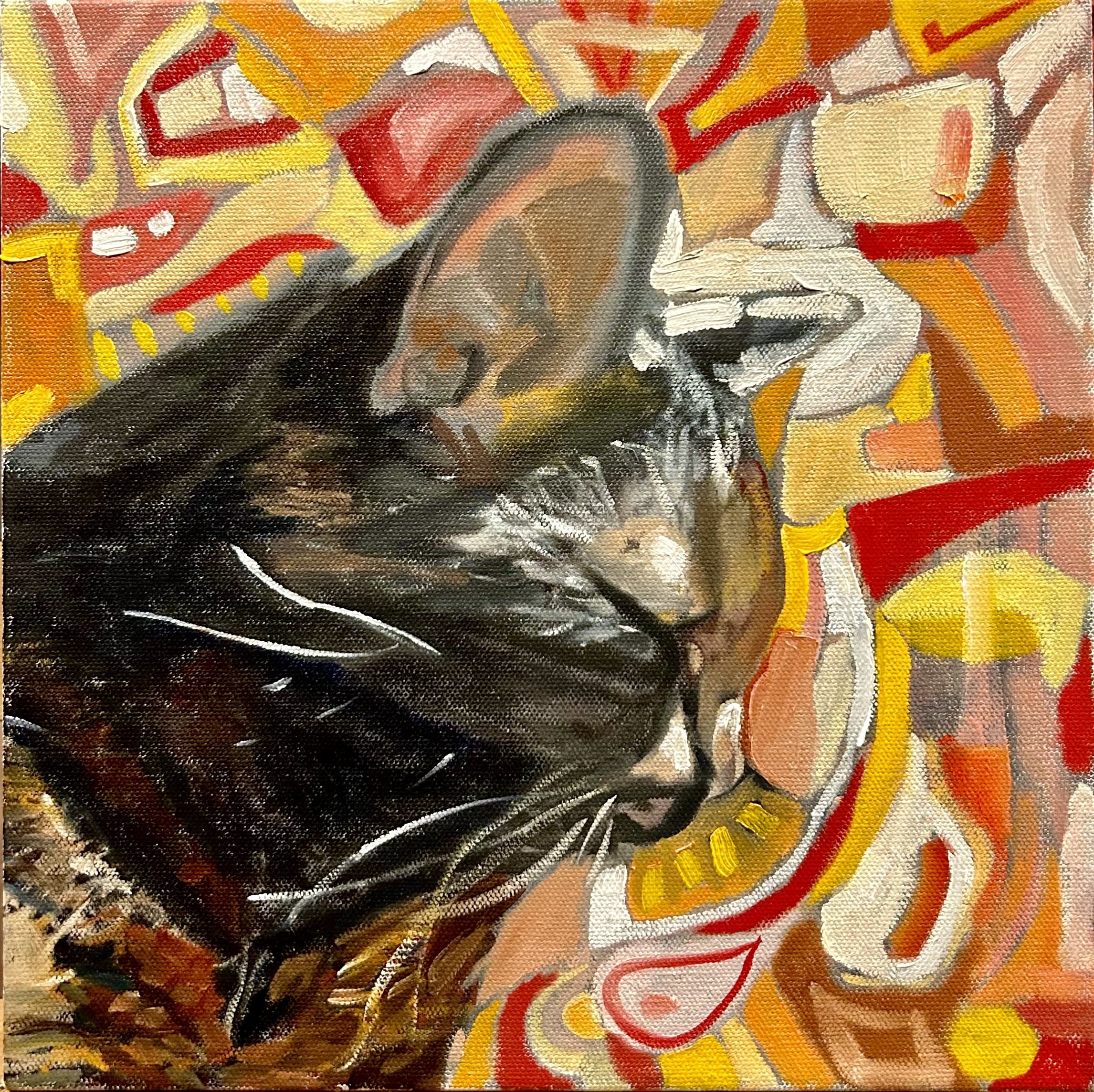 "Cat Study," Gouache and Oil on Canvas, 12 x 12 in / 30.48 x 30.48 cm, 2024