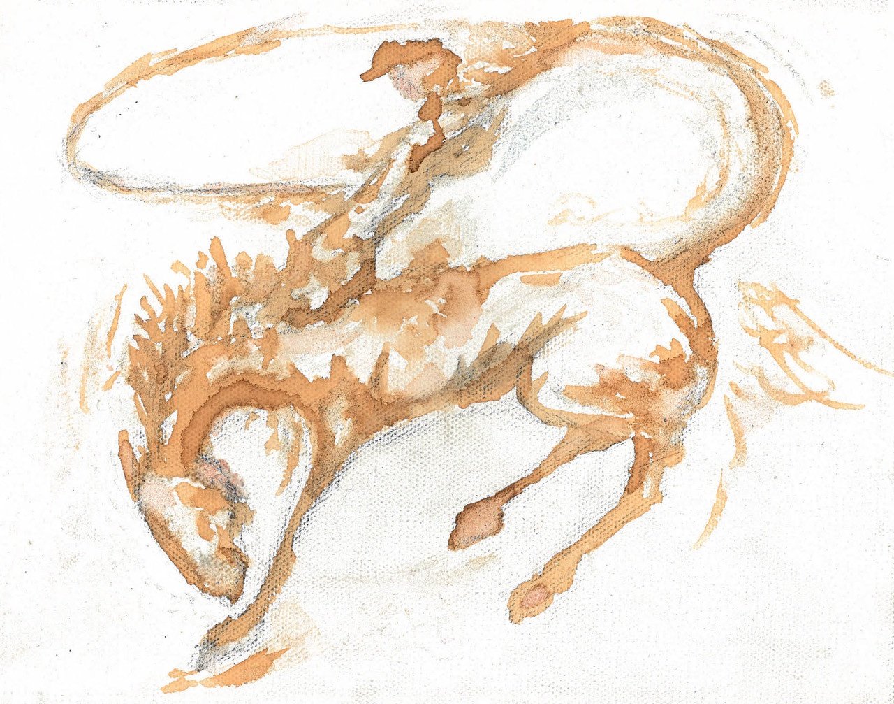 "Horse and Rider," Rendition of Piece of Richard Hambleton, Coffee Blueberry and Graphite on Canvas, 6 x 8 in / 15.24 x 20.32 cm, 2020