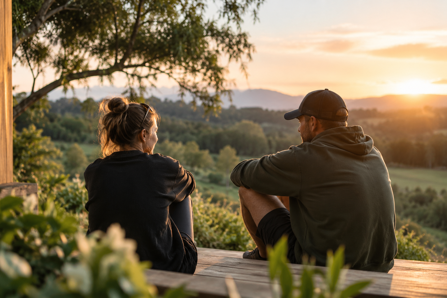 A man and woman sitting on a wooden deck outdoors, watching a sunset over a hilly landscape with trees and mountains in the distance.