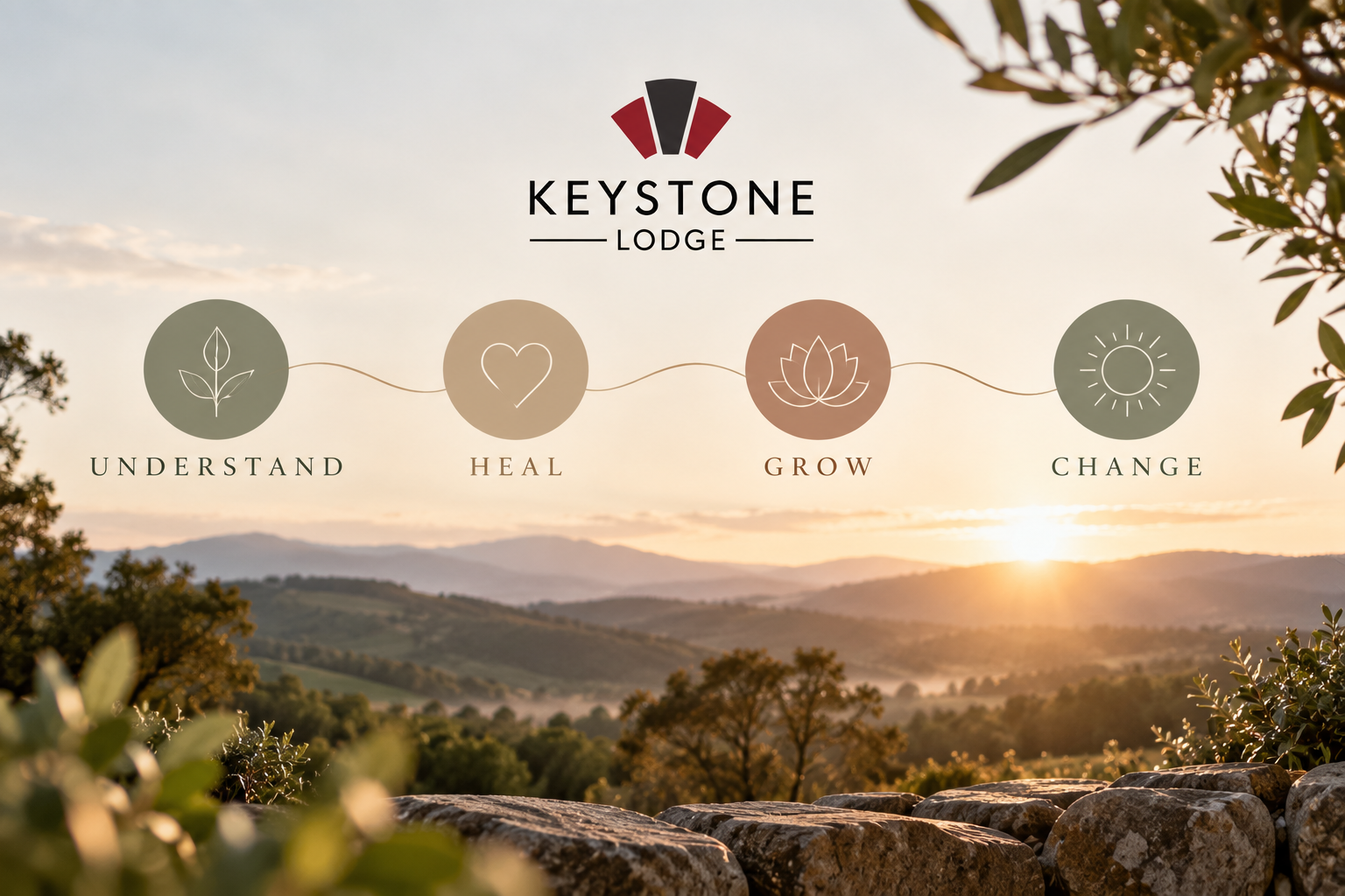 Sunrise over a hilly landscape with a logo and text for Keystone Lodge, featuring four icons labeled Understand, Heal, Grow, Change.