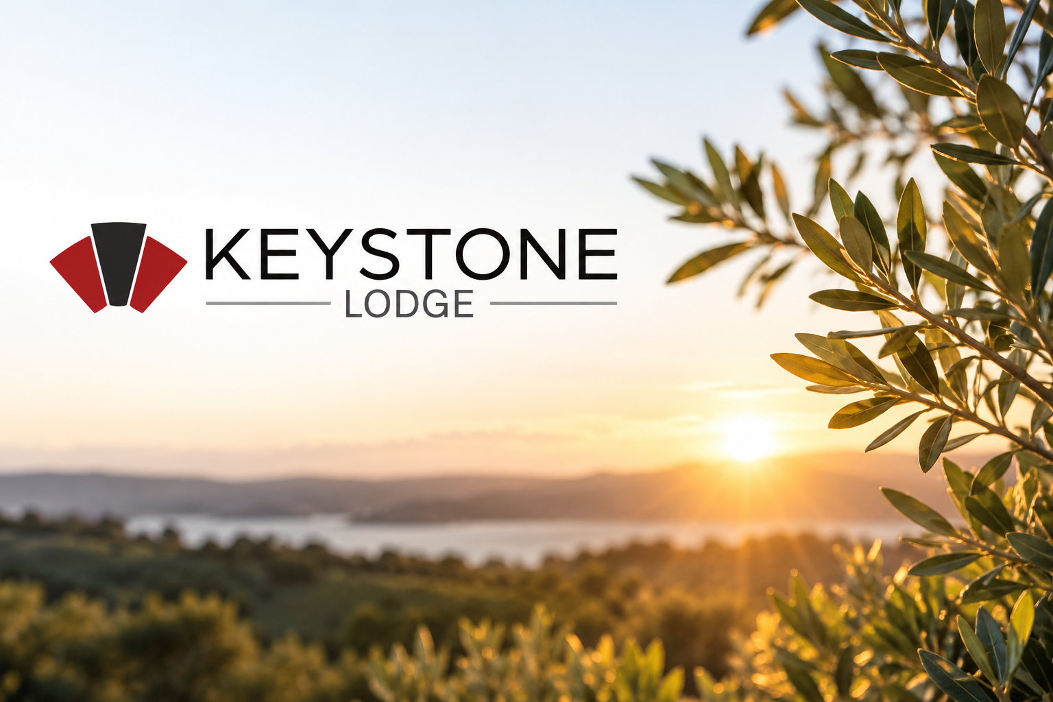 Sunset over a landscape with a body of water, green hills, and a tree with green leaves in the foreground, featuring a logo for Keystone Lodge.