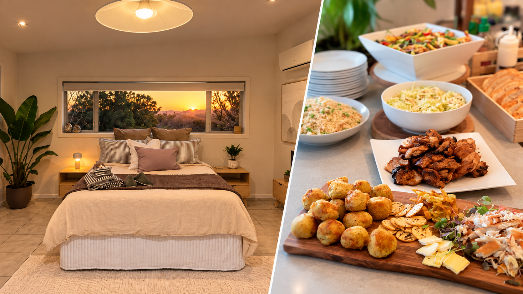 Split image with a bedroom on the left showing a bed, window, and sunset view; and a dining table on the right with various dishes including salads, chicken, snacks, and cheese.