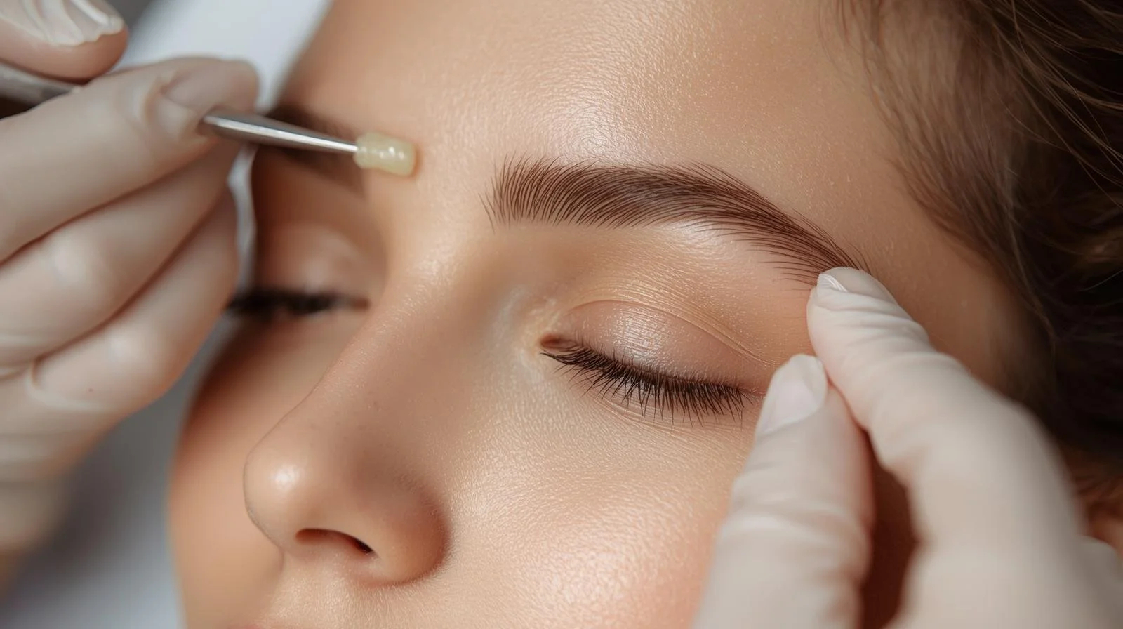 i need an image of a women getting a brow wax using hard wax which does not require a strip and showing only her face and the technicans glove hands.jpg