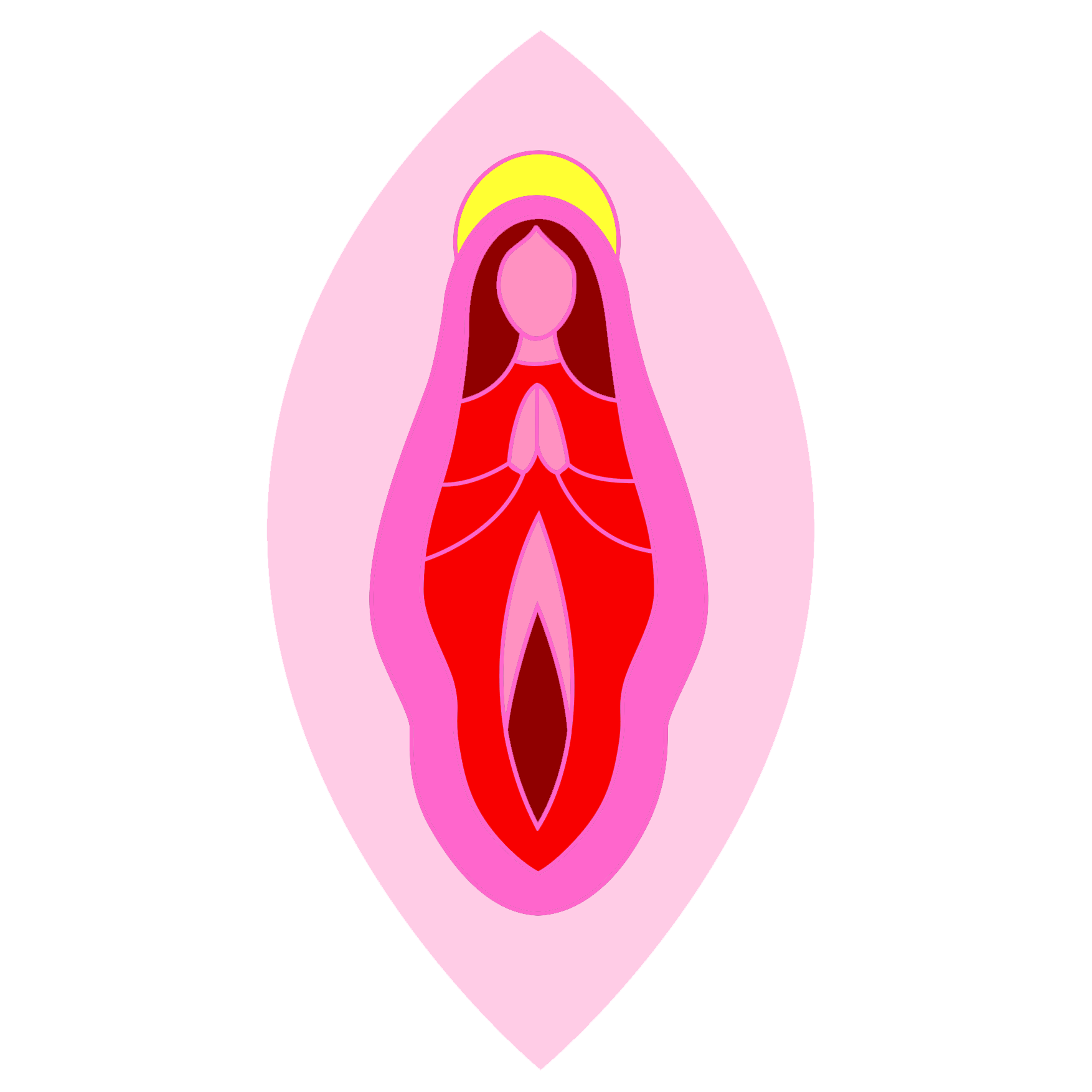 Colorful abstract representation of a praying figure with a halo inside a petal shape.