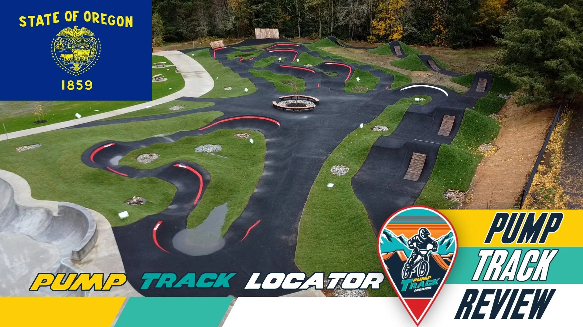 An outdoor pump track with a complex, winding asphalt surface, surrounded by grassy areas and trees, used for biking or rollerblading, with overlaid graphics including logos for Oregon and Pump Track Locator.