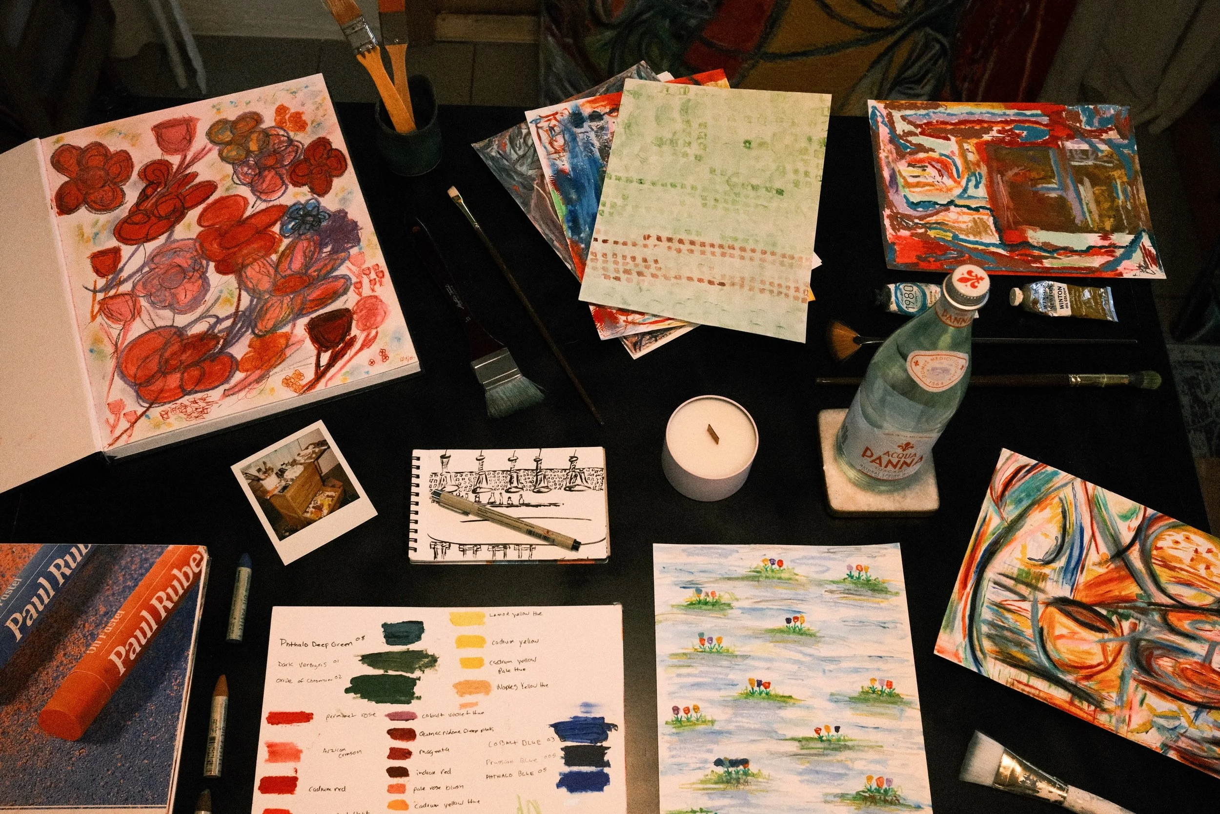 A little behind the scenes of A Sense of Place.
-
Before the finished paintings, there were sketches, color studies, experiments, and a lot of ideas scattered across the studio. Pieces of the process of trying to make what&rsquo;s in my head visible.
