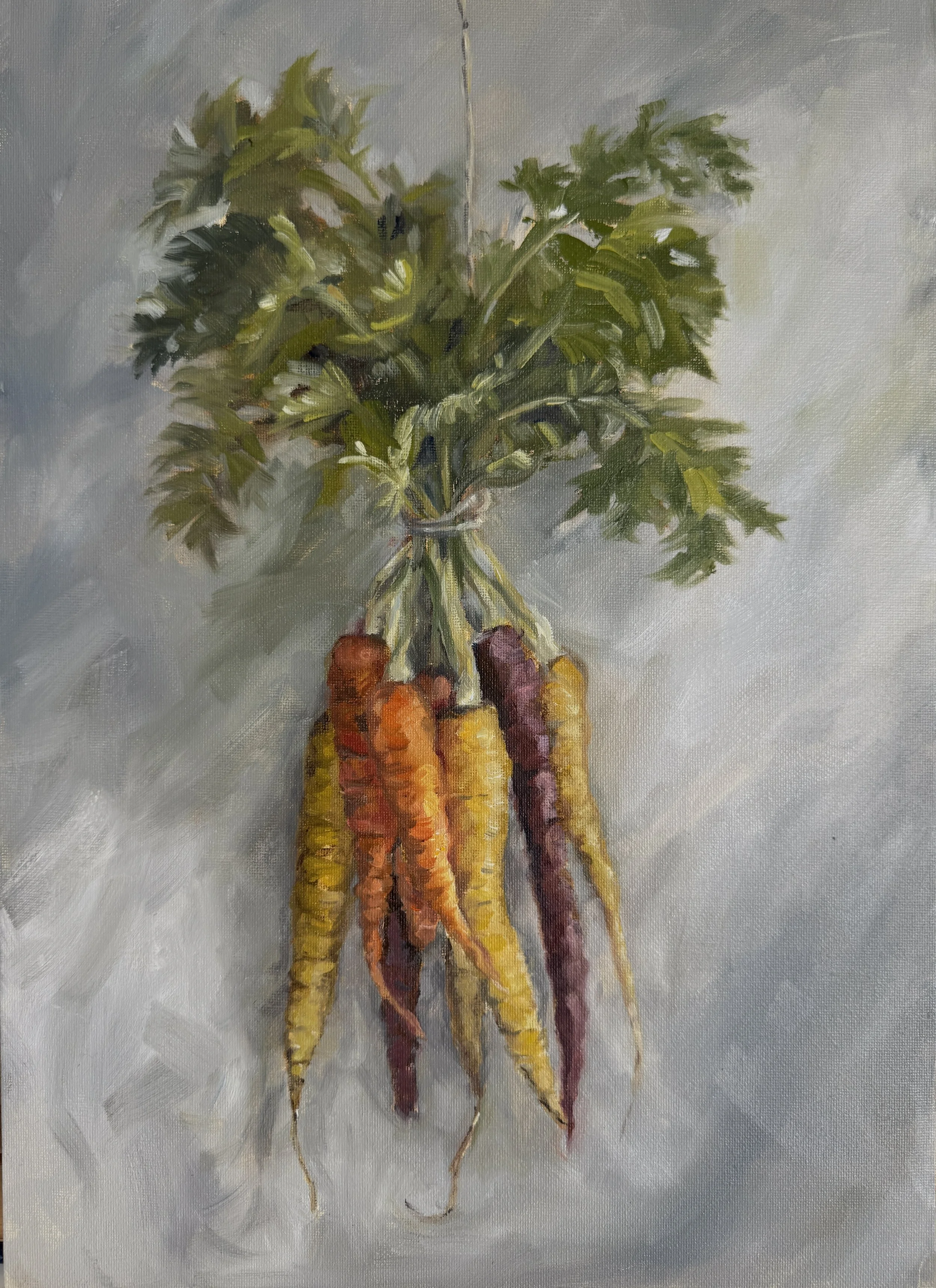 Heirloom Carrots, 29.5 x 42.5cm, Oil on Canvas Panel, Natural Oak Floating Frame - Coming soon Sydney Affordable Art Fair