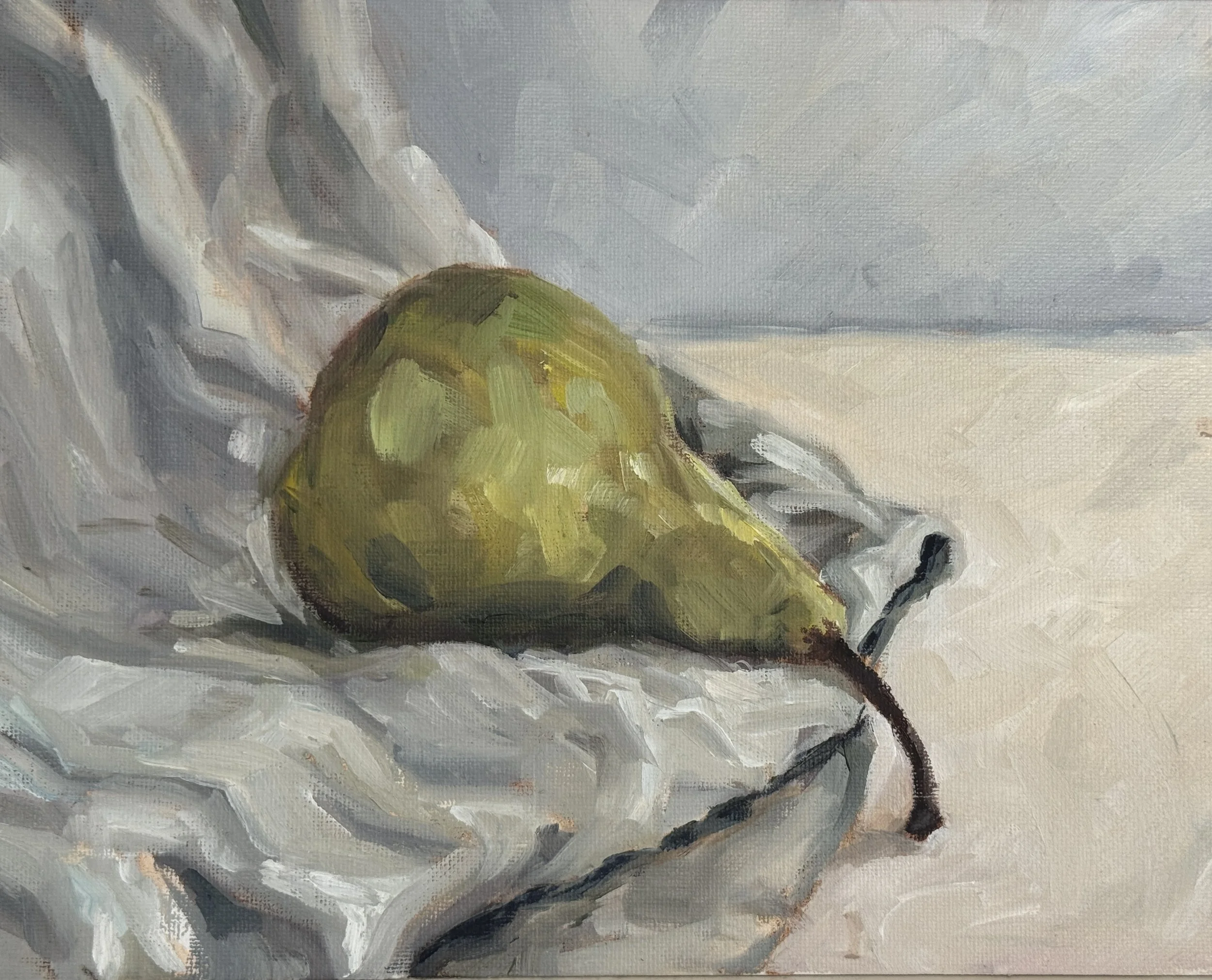Fruit and Folds, 23 x 28cm, Oil on Canvas Panel, Framed in Natural Oak - Coming Soon