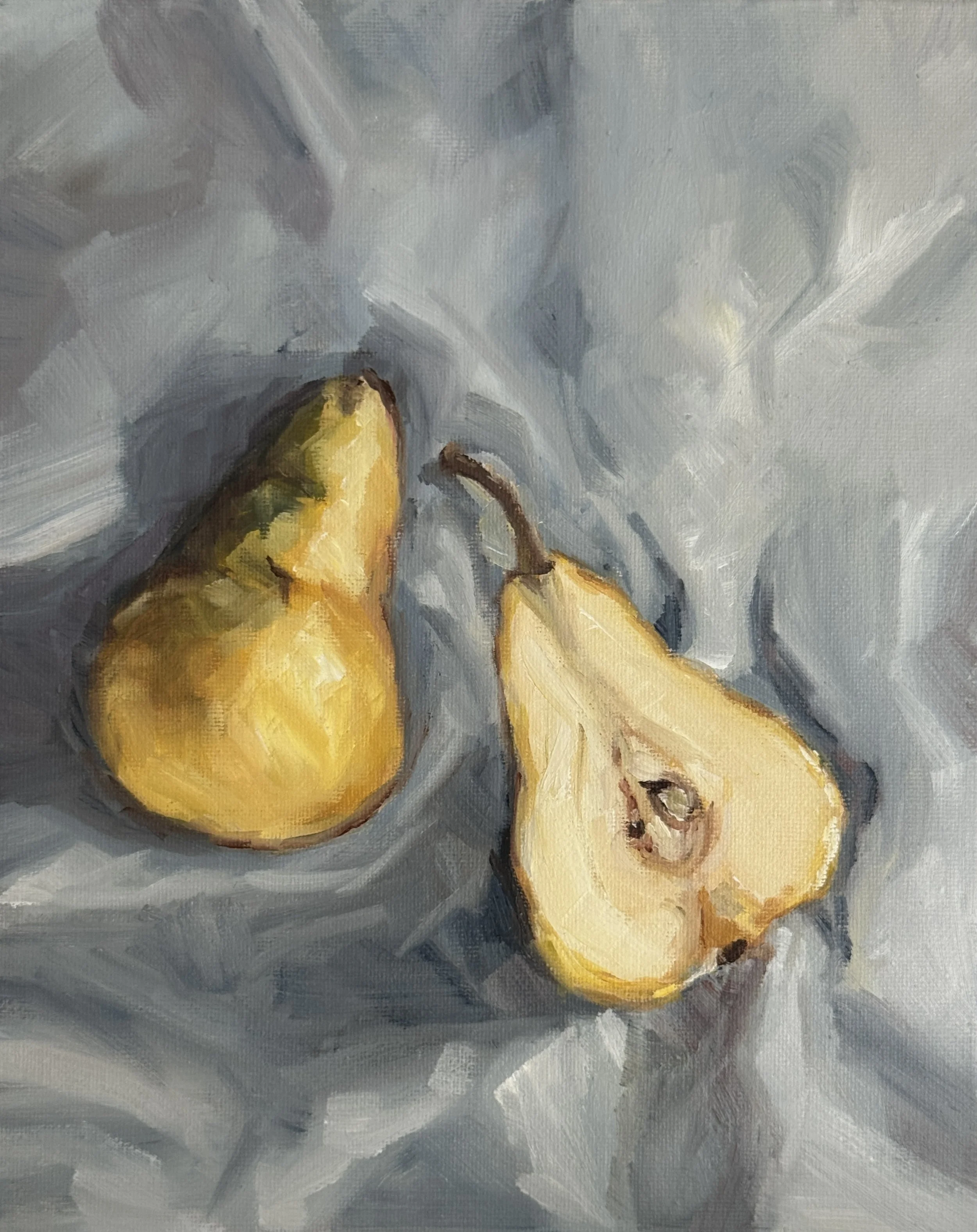 Golden Pear to Share, 23 x 28cm, Oil on Cnvas Panel, Framed in Natural Oak - Coming soon Sydney Affordable Art Fair