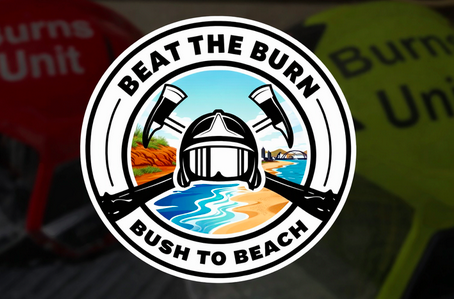 Logo with text 'Beat the Burn: Bush to Beach' featuring a fire helmet, axes, and a landscape with water and trees.