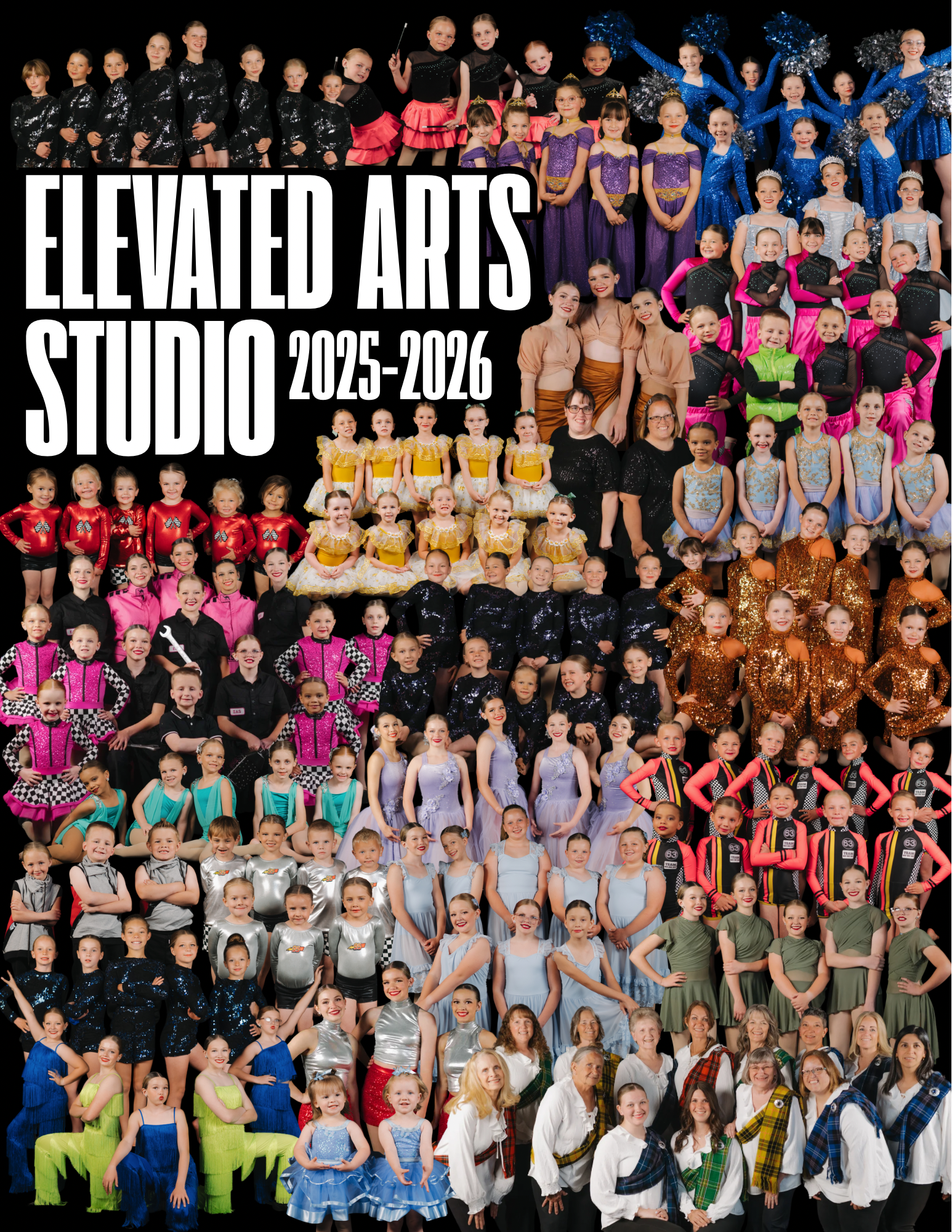 Large group of children and adults posing for a group photo. Several children are dressed in colorful dance costumes, including sequined, tutu, and themed outfits. The adults appear to be staff, instructors, or family members. The background is black, and the overall scene is lively and celebratory.