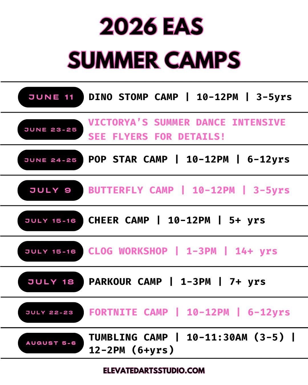 Schedule of summer camps for 2026 by Elevated Art Studio, including dates, times, and age groups for various activities like Dino Stomp, Dance, Pop Star, Butterfly, Cheer, Clog, Parkour, Fortnite, and Tumbling camps.