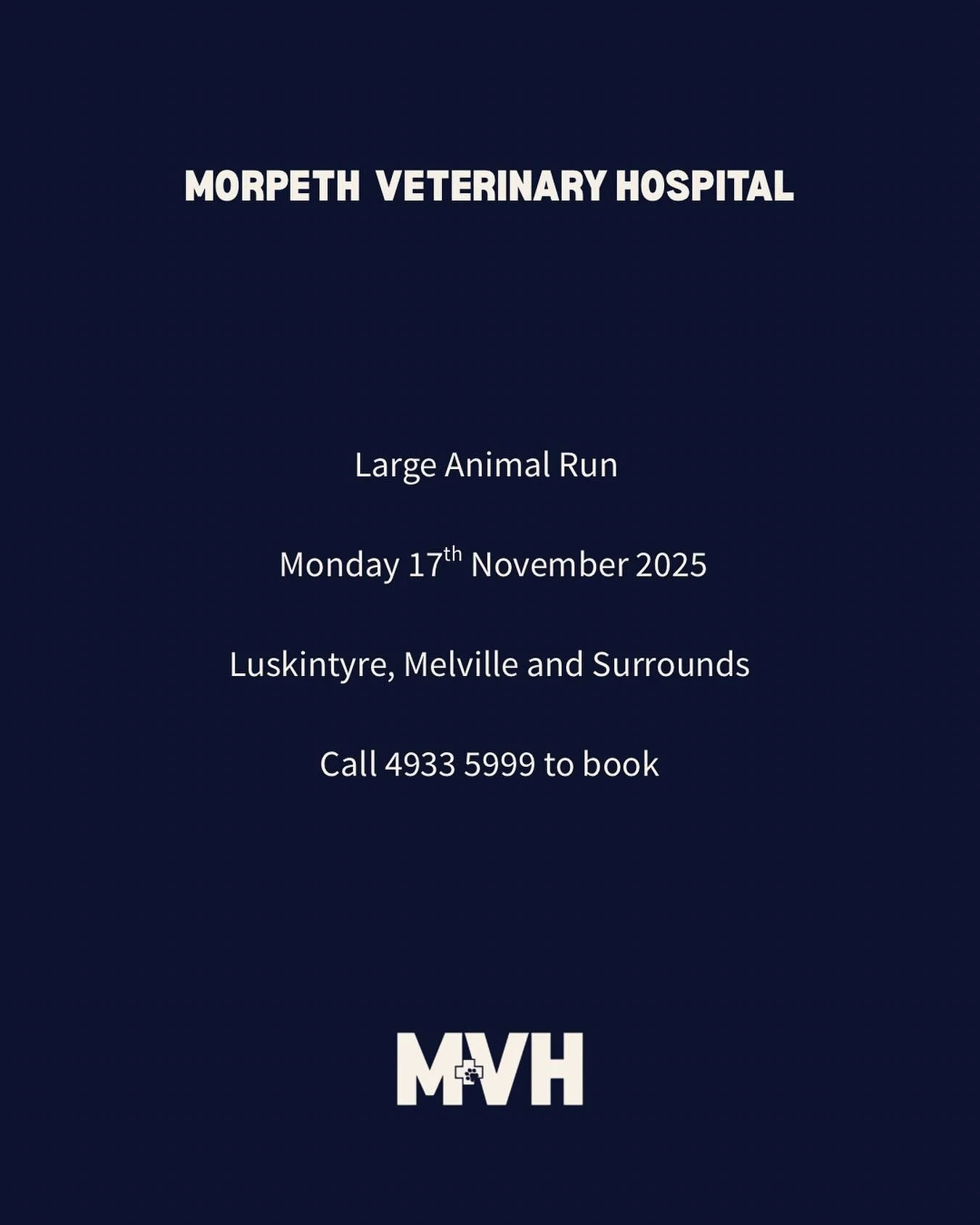 Calling all large animal clients! Kyle will be on the road and heading to the Luskintyre, Melville and surrounding areas on Monday 17th November. Please call the clinic to be added to this run π