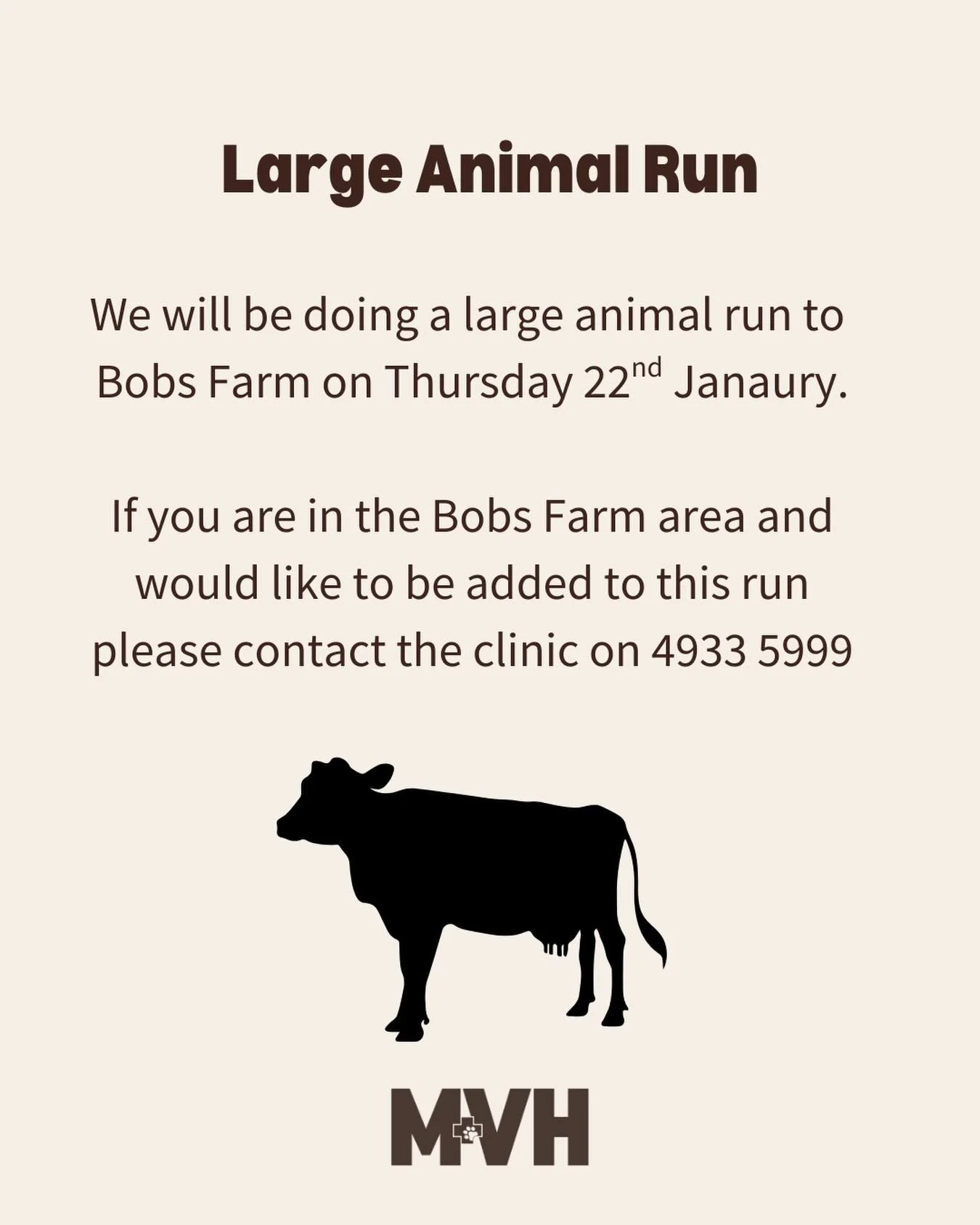 Our next large animal run for the Bobs Farm area is on the 22nd January 🐄 please reach out if you would like to be added to this run.