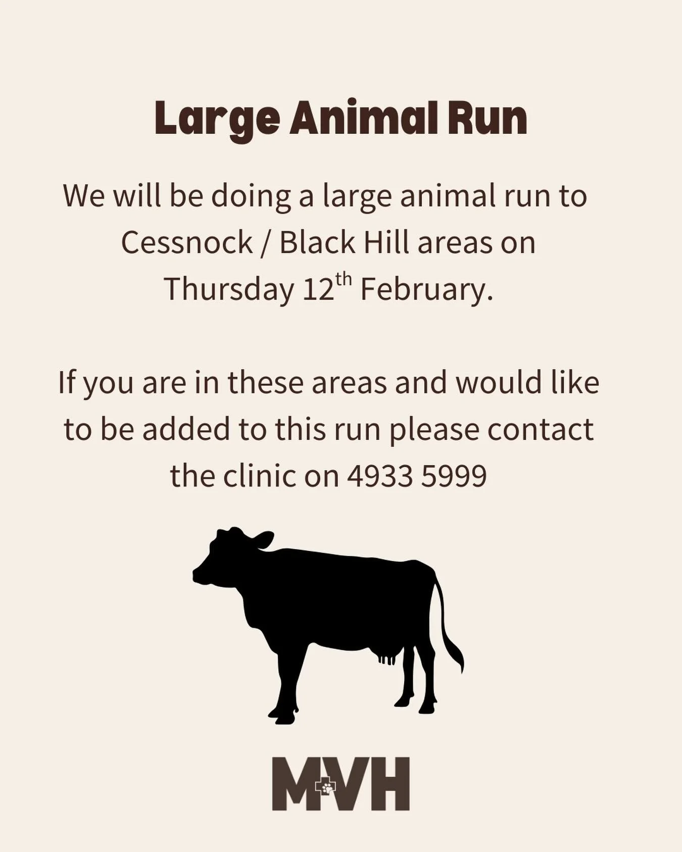 Calling all large animal clients in the Cessnock or Black Hill areas. We are heading your way next week. Please call the clinic to be added to this run 🐴🐮