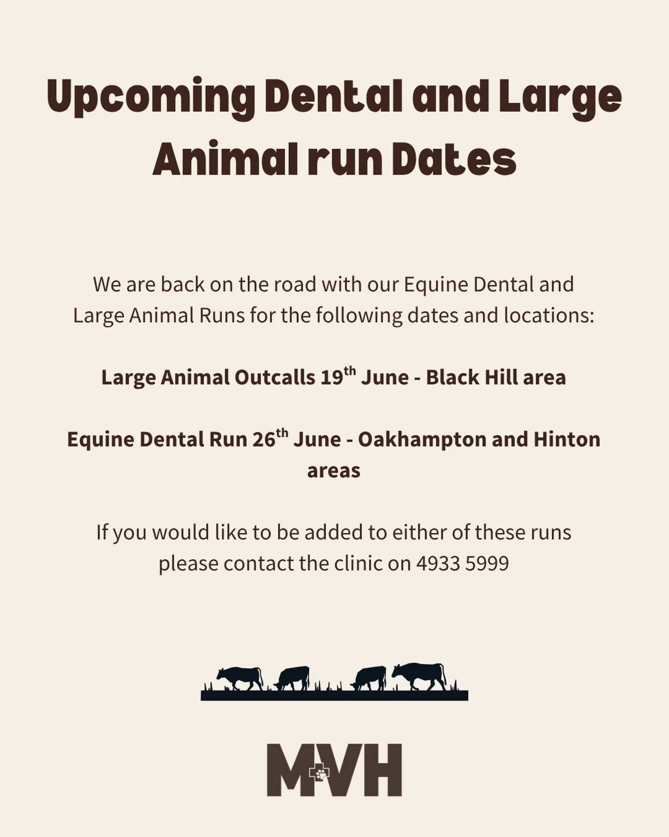 🚜🐴 Upcoming Equine Dental &amp; Large Animal Run Dates

Our team will be out on the road again for our upcoming equine dental and large animal visits as follows:

19th June - Large Animal outcalls in the Black Hill area
26th June - Equine Dental ru