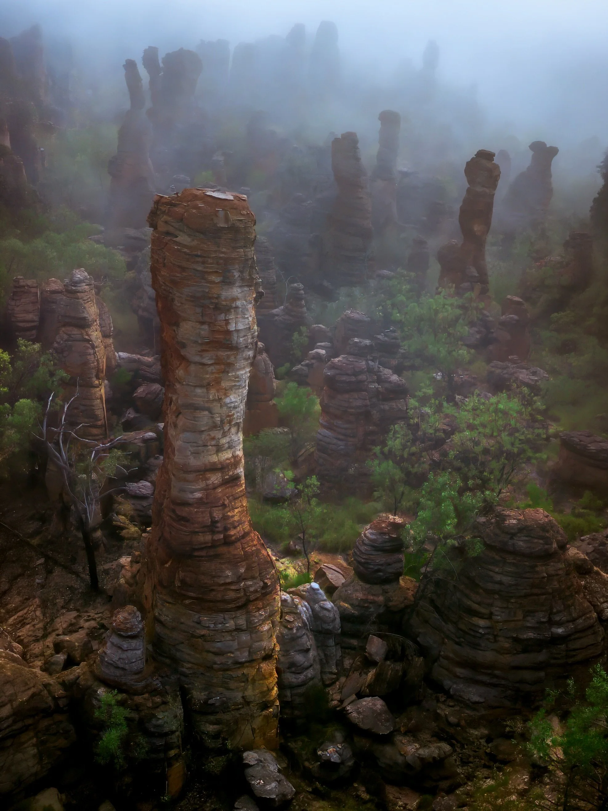 Scenes from the Lost City (Limmen National Park, Northern Territory). These unreal rock spires form an entire ridgeline spanning kilometres. I was lucky enough to visit on a foggy morning capturing the rock in a dystopian looking scene. 

@ntaustrali