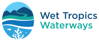 Logo for Wet Tropics Waterways featuring a blue and green icon with water, mountain, and coral imagery.