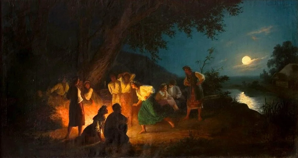 Gemälde, jungen Menschen um ein Feuer, Mond im Hintergrund