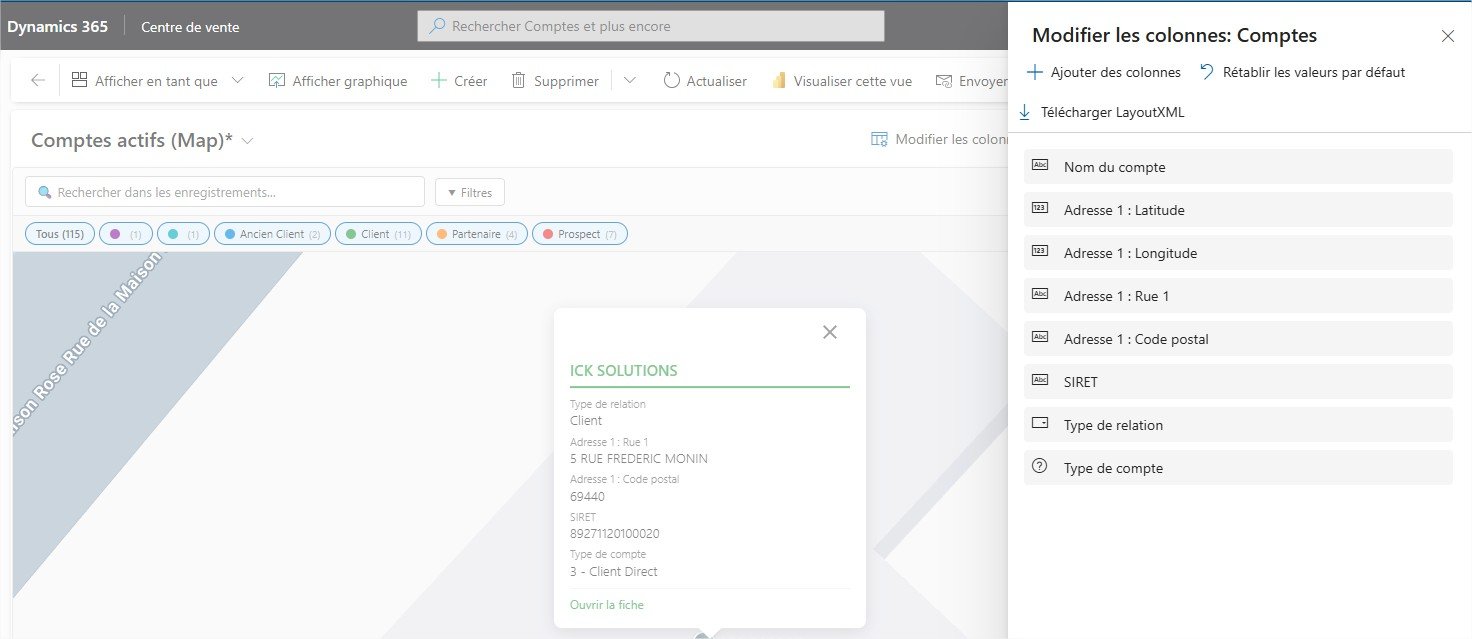 Dynamics 365 : vue carte Google Maps avec ajout dynamique de colonne et de filtres