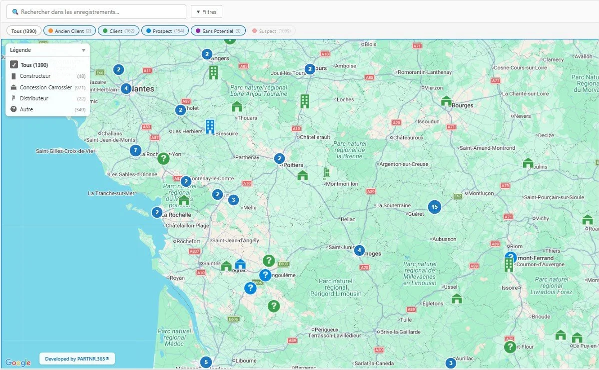 Dynamics 365 : markers de formes différentes (truck, building, store...) + légende