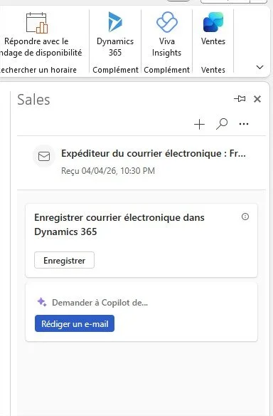Panneau Copilot Sales dans Outlook, absent sur les boîtes partagées