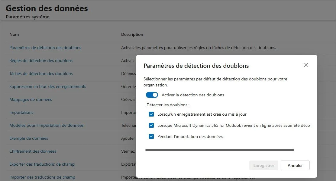 Paramètres de détection des doublons dans Dynamics 365