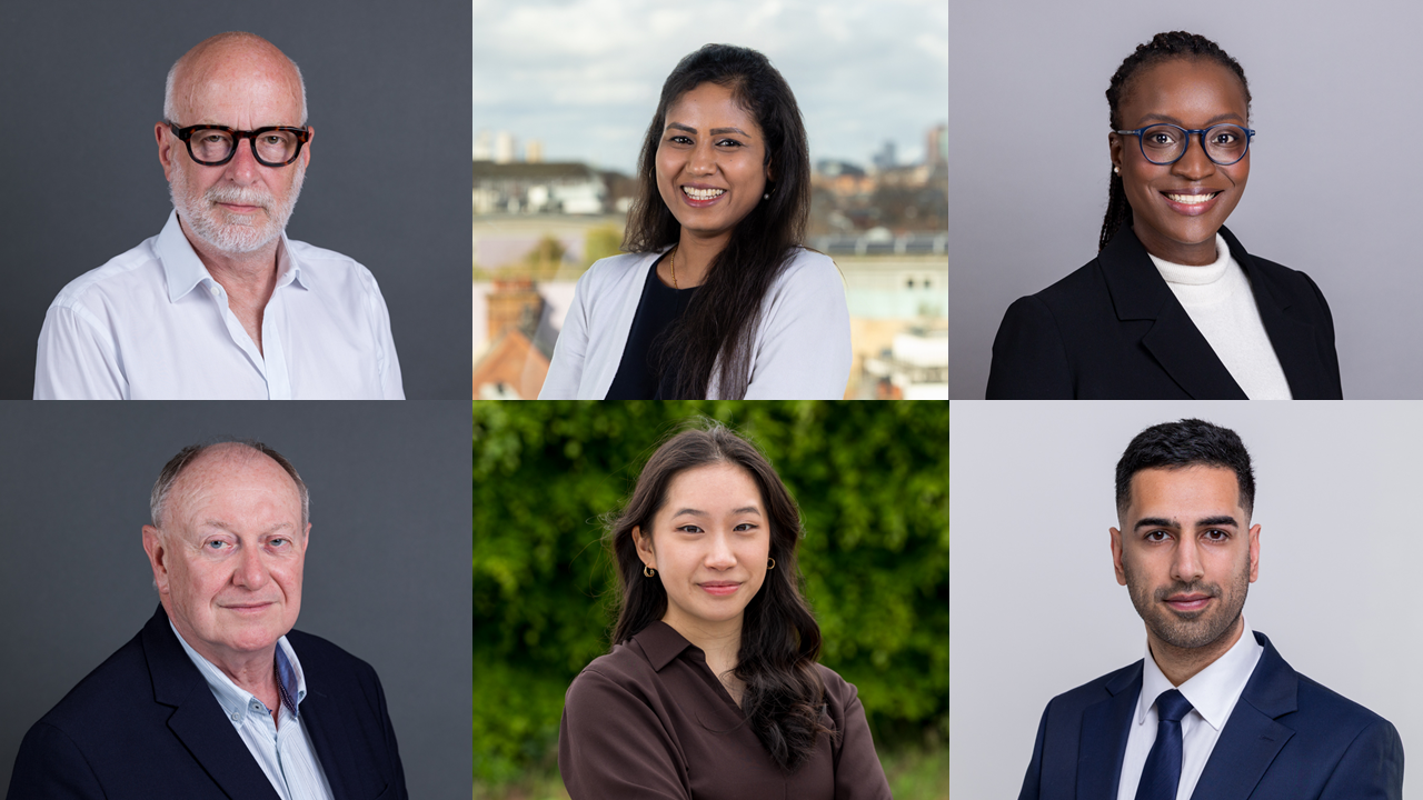Grid of six professional services headshots on studio, rooftop and outdoor green backgrounds | Corporate headshots Nine Elms, London | Shot By Andrew