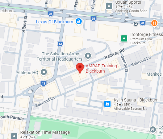Map showing the location of AMRAP Training Blackburn near other landmarks such as Lexus of Blackburn, Ironforge Fitness, Kylin Sauna, The Salvation Army, and Relaxation Time Massage, with nearby streets and railways.