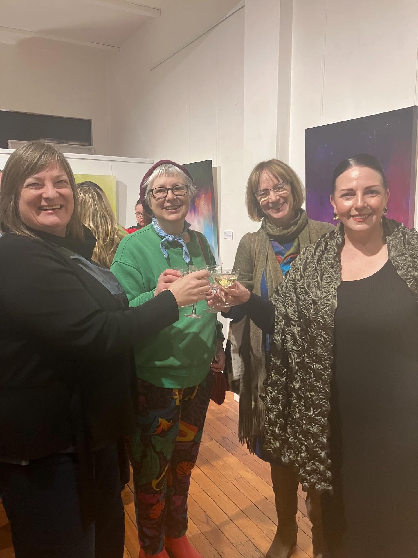 Three very happy new artwork owners and one very happy artist! 🎉💖 Colleen Linfoot&rsquo;s opening was nothing short of fabulous &mdash; full of warmth, support, and love for her beautiful work. Thank you to everyone who came and made the night so s